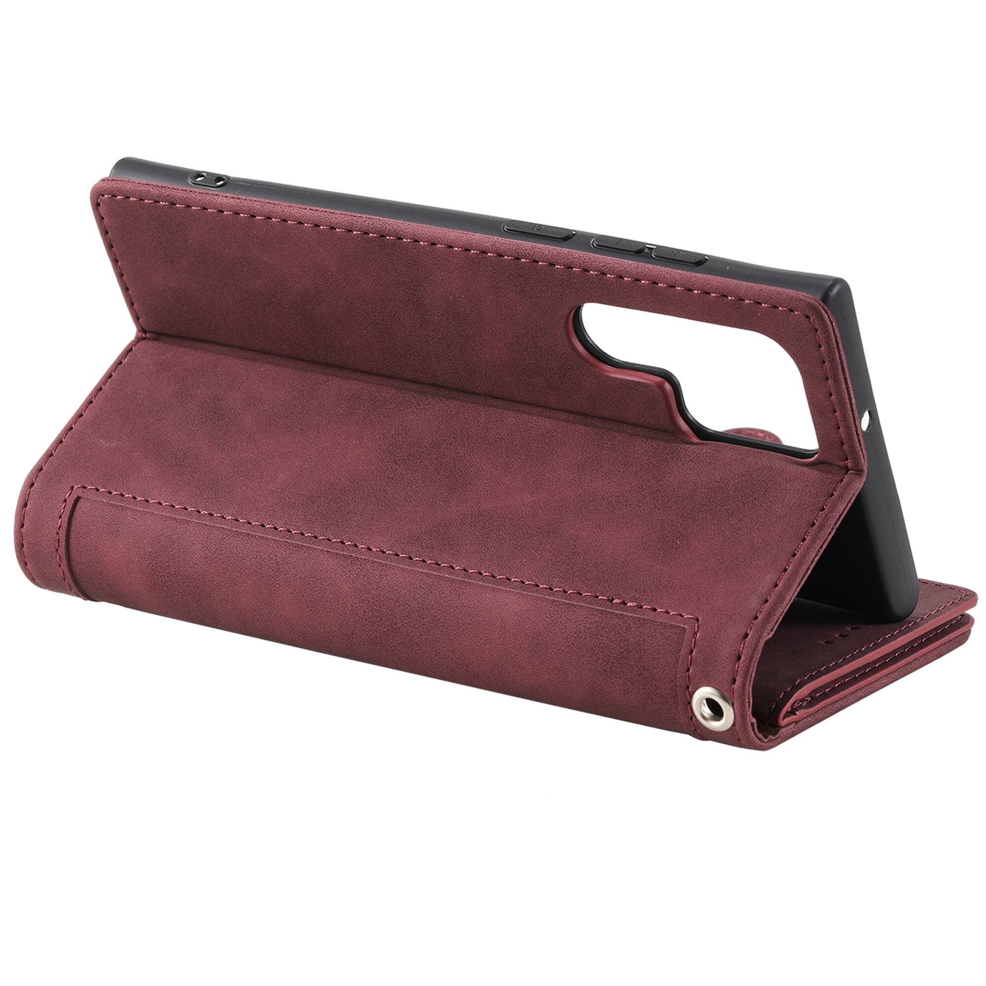 Alt View 1. Dteck - Multi-Functional Wallet Case for Samsung Galaxy S26, 9 Card Slots Zipper Pocket Stand Premium Leather Cover+Strap - Winered.