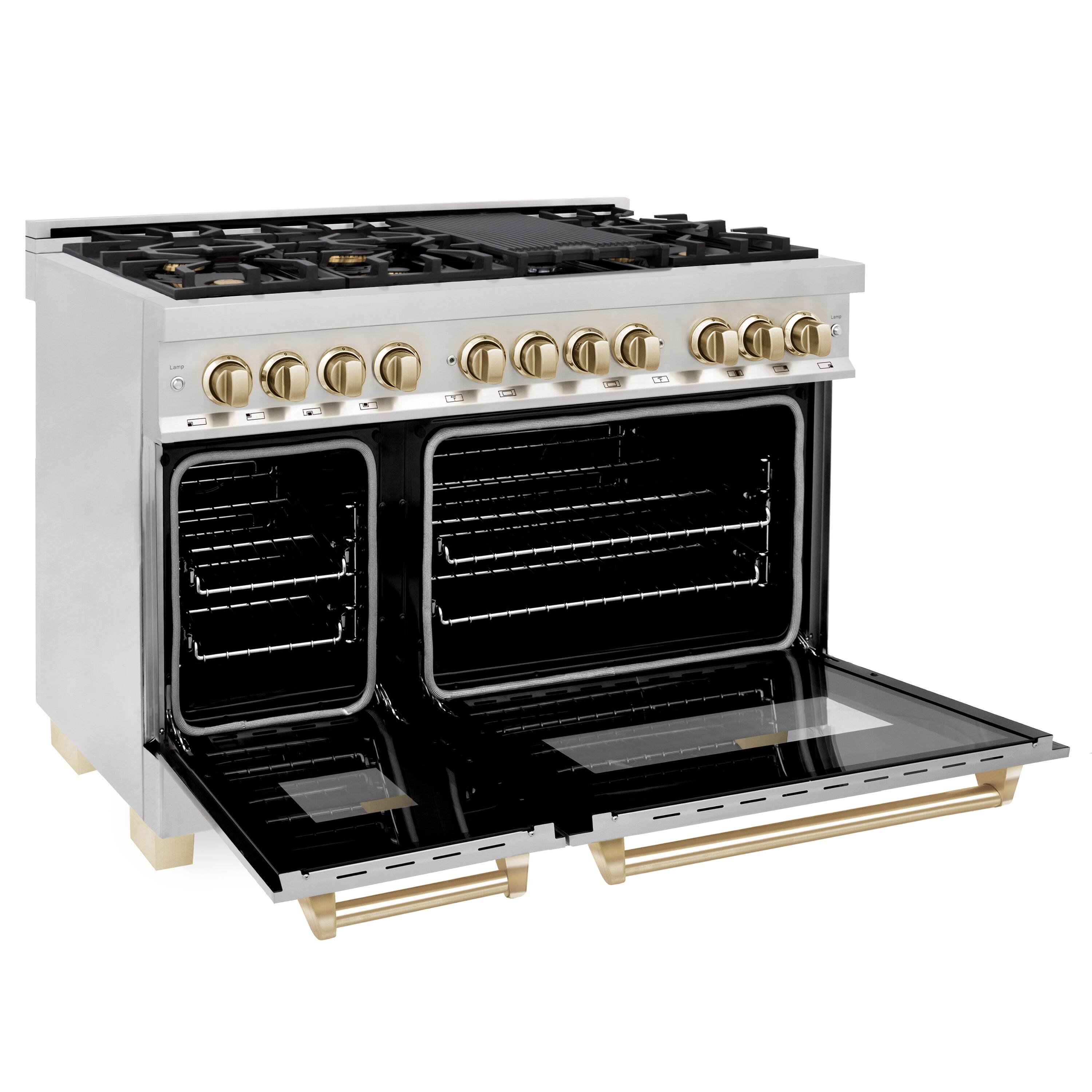 Angle. ZLINE - Autograph 48 in. 6.0 cu. ft. Legacy Freestanding Dual Fuel Range with  6 Burners & Convection Oven w/ Gold Accents - Stainless Steel.