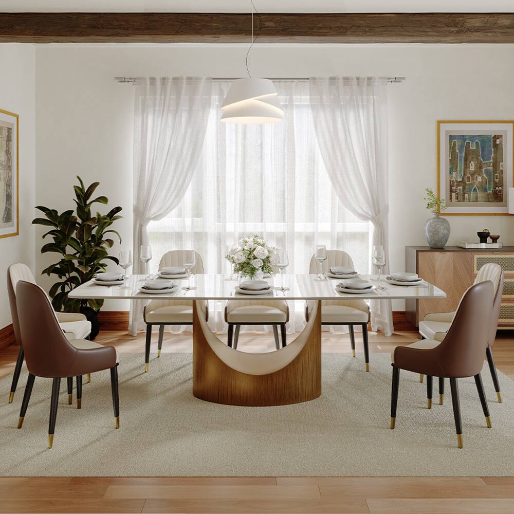 Angle. POVISON - 94" Modern Minimalist Dining Table for 10, White Rectangular Glossy  Sintered Stone Tabletop, Bronze Carbon Steel Leg - Glossy White Sintered Stone with Bronze.