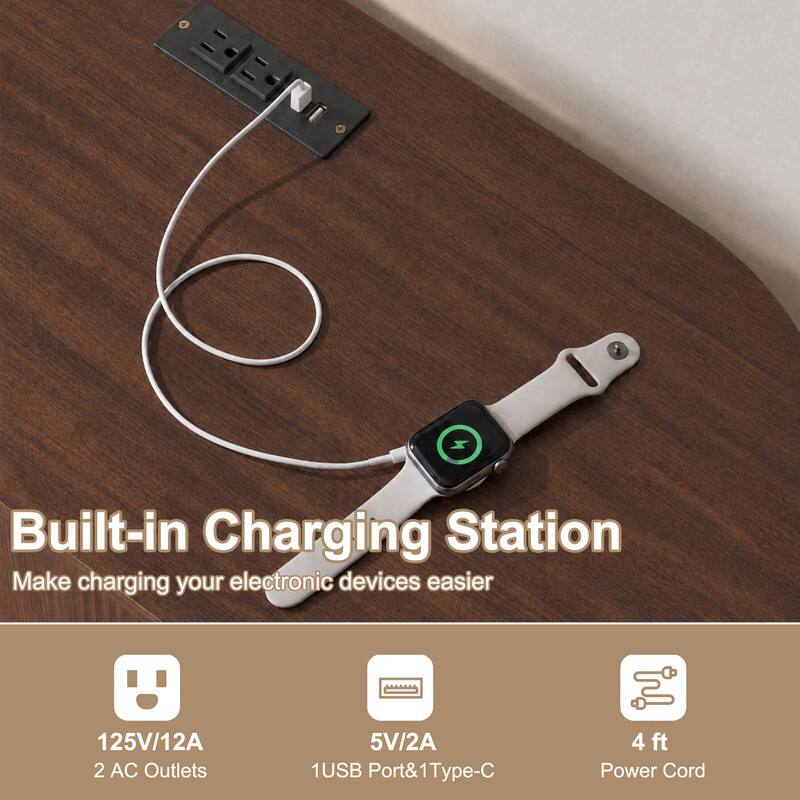 Built-in Charging Station  
Make charging your electronic devices easier

125V/12A  
2 AC Outlets

5V/2A  
1 USB Port & 1 Type-C

4 ft Power Cord