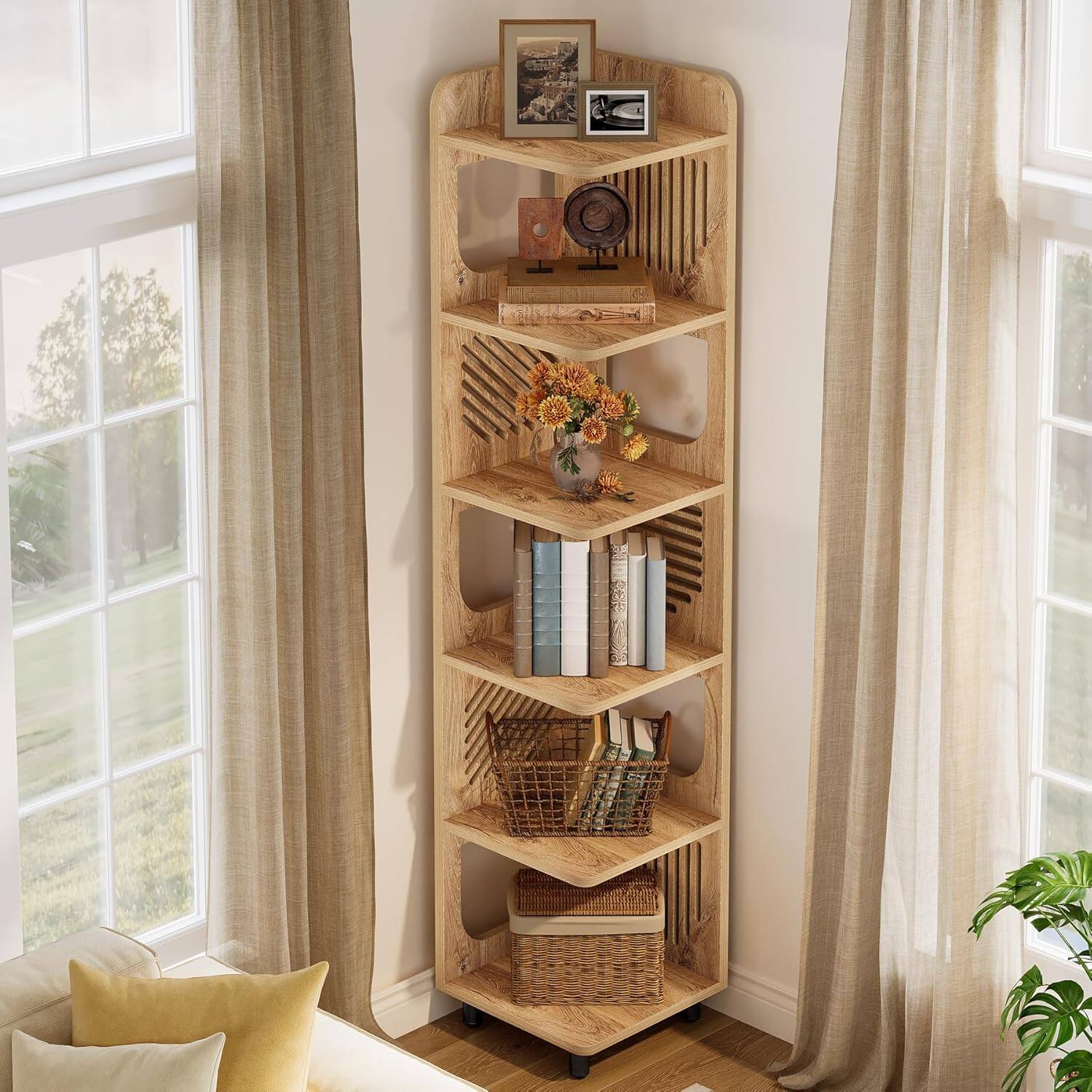 Alt View 2. Tribesigns - Corner Bookshelf with Engineered Wood Construction and Space-Saving Design for Living Room and Bedroom - Natural.