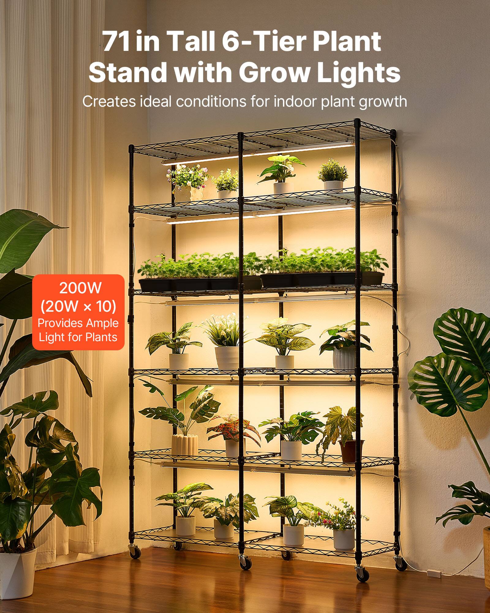 71 in Tall 6-Tier Plant Stand with Grow Lights  
Creates ideal conditions for indoor plant growth  

200W (20W x 10)  
Provides Ample Light for Plants