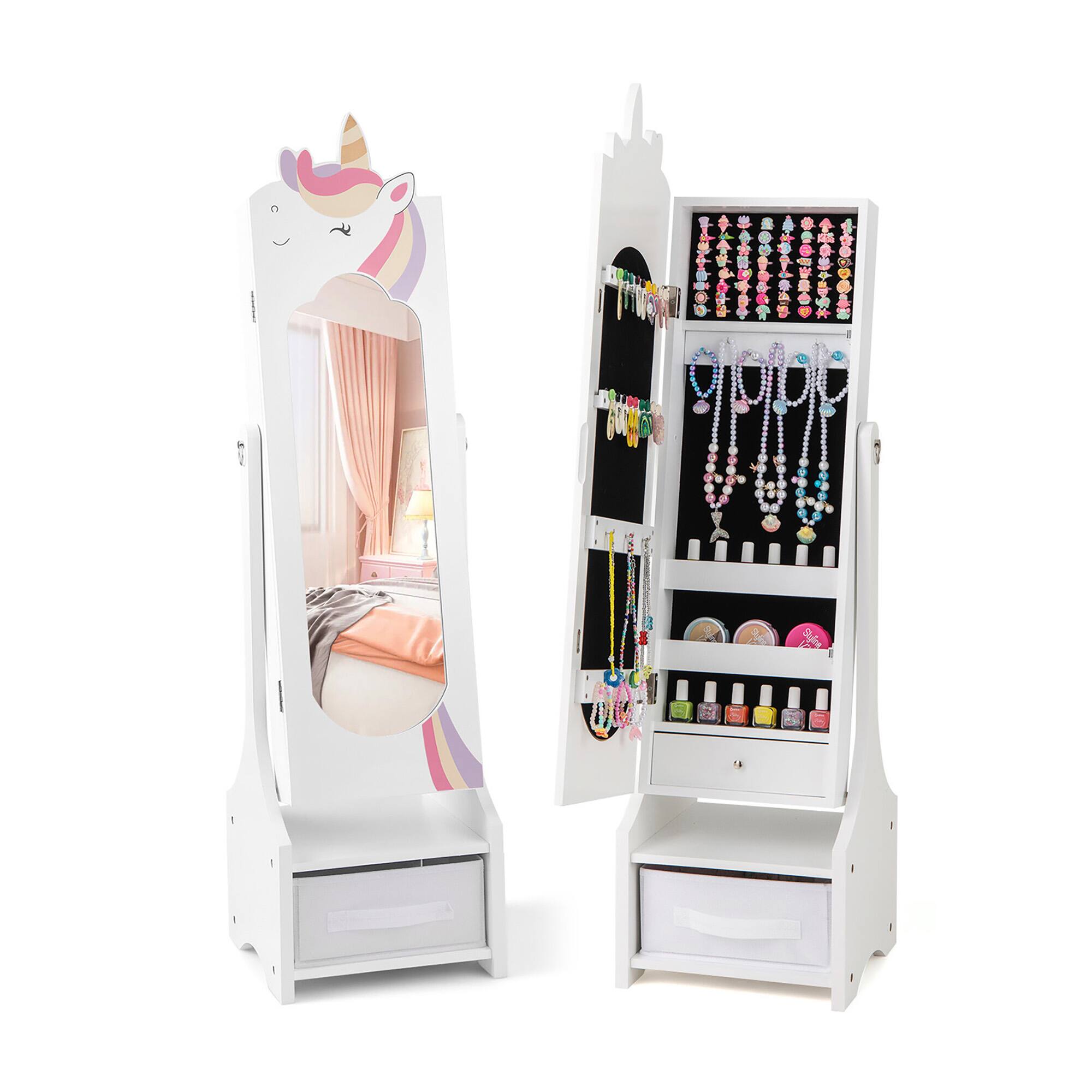 Gymax - Kids Jewelry Cabinet w/ Full-Length Mirror 2 Adjustable Tilt Angles Drawer White - Pink