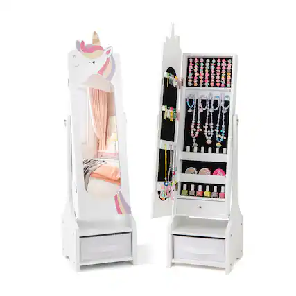 Front. Gymax - Gymax Kids Jewelry Cabinet w/ Full-Length Mirror 2 Adjustable Tilt Angles Drawer White - Pink.