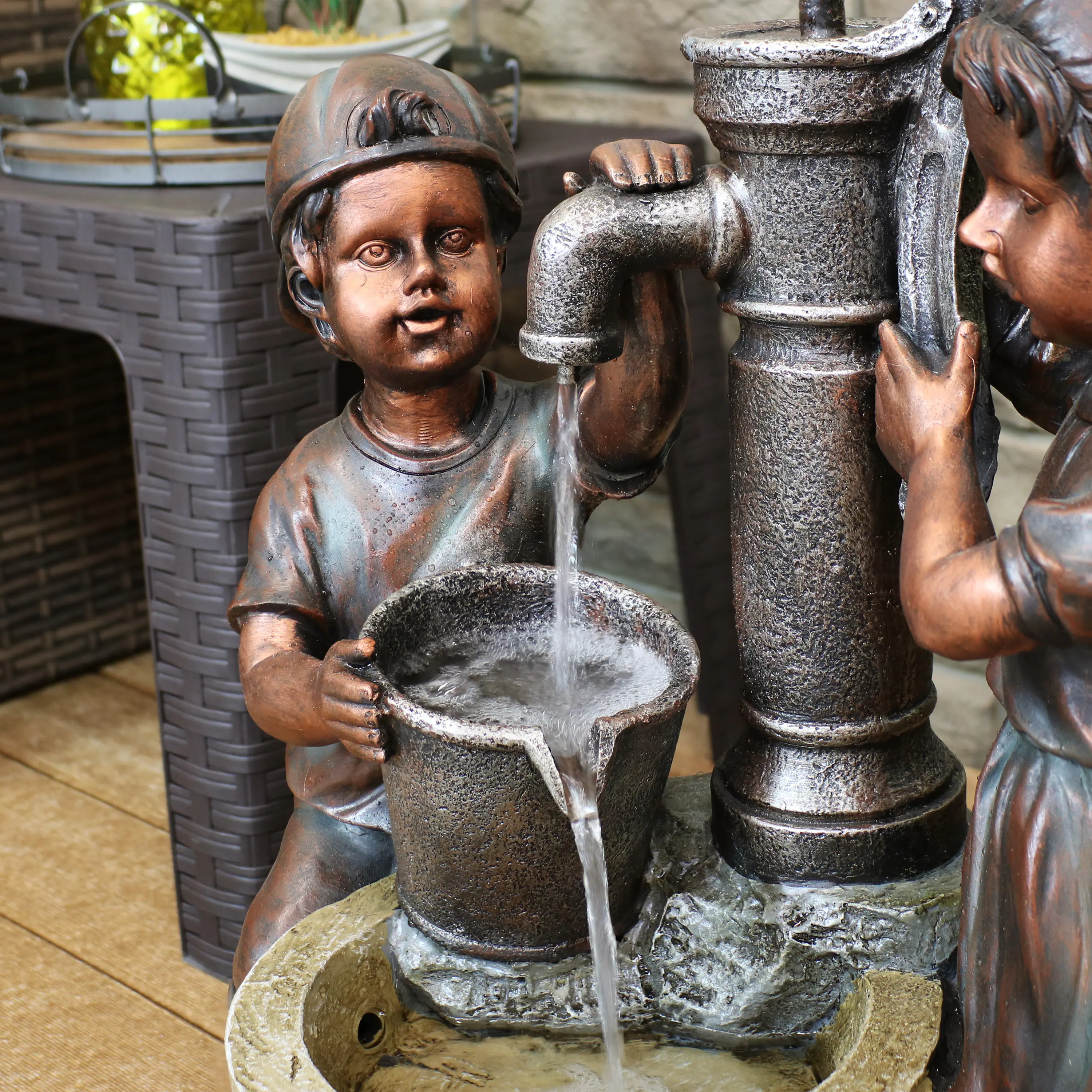 Alt View 7. Sunnydaze - Jack and Jill at Water Pump and Well Water Fountain - 24 in - Bronze.