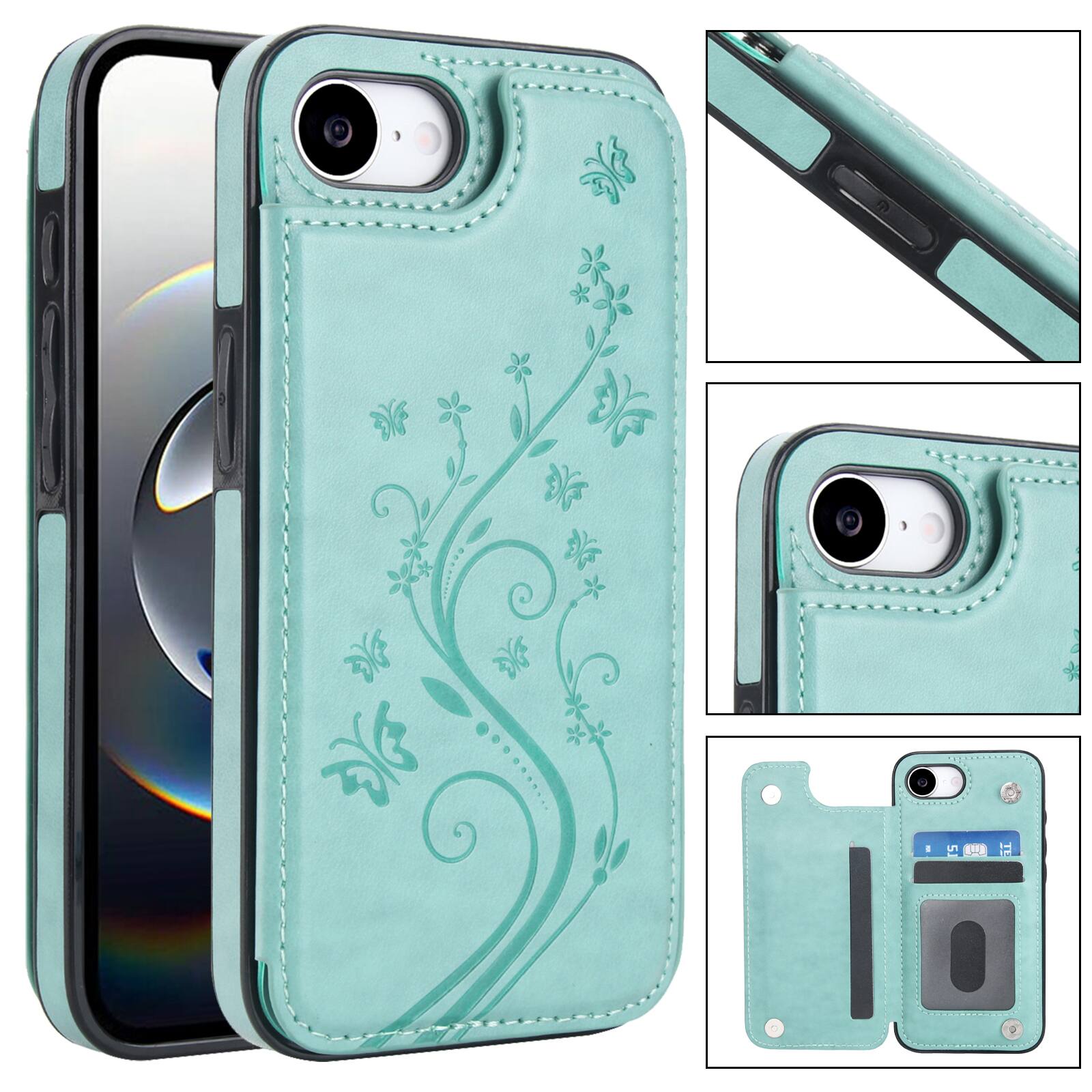 Dteck - For Apple iPhone 17e / 16e Wallet Case Flower Embossed Pattern PU Leather Card Slots Flip Kickstand Shockproof Cover - Mint