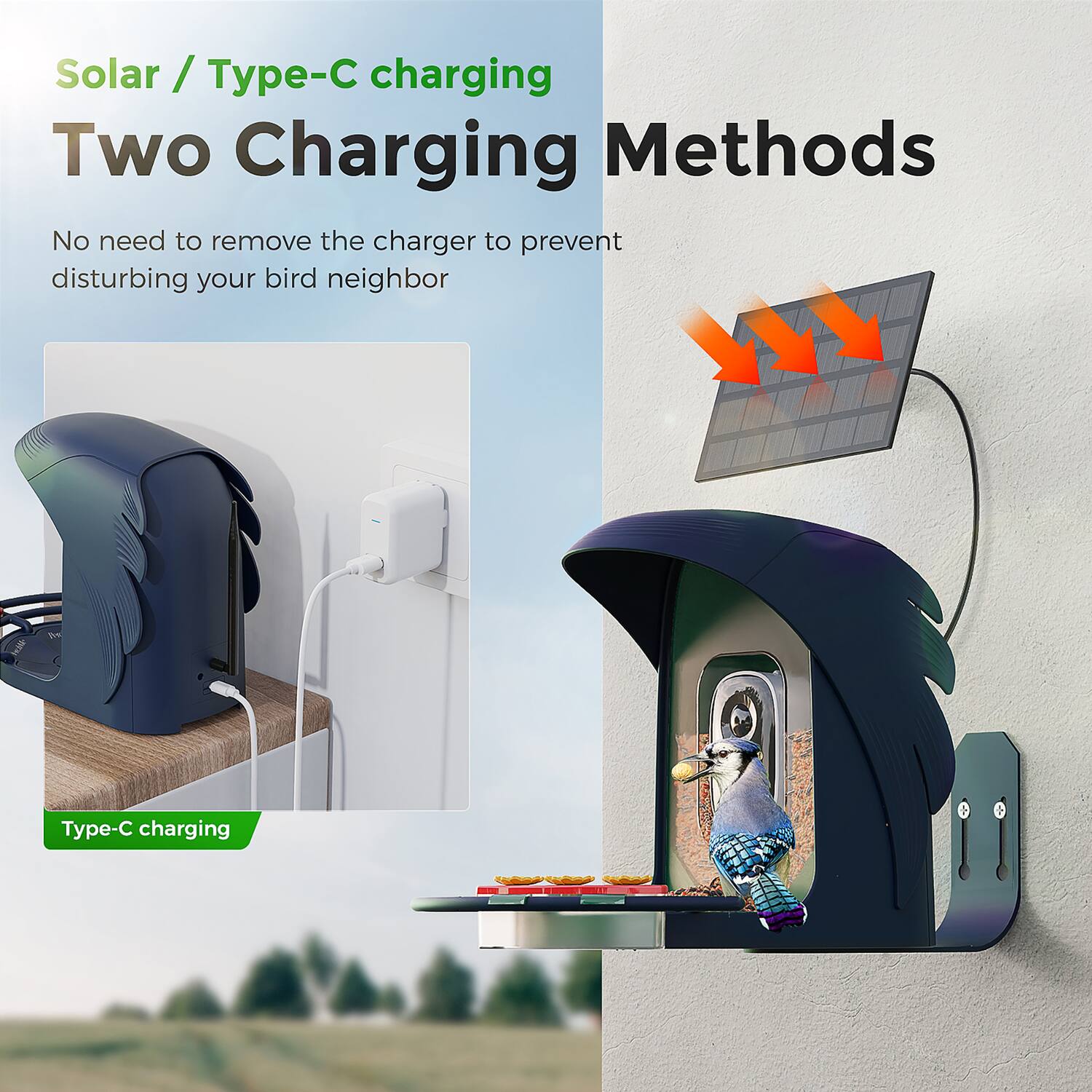 Solar / Type-C charging  
Two Charging Methods  

No need to remove the charger to prevent disturbing your bird neighbor  

Type-C charging