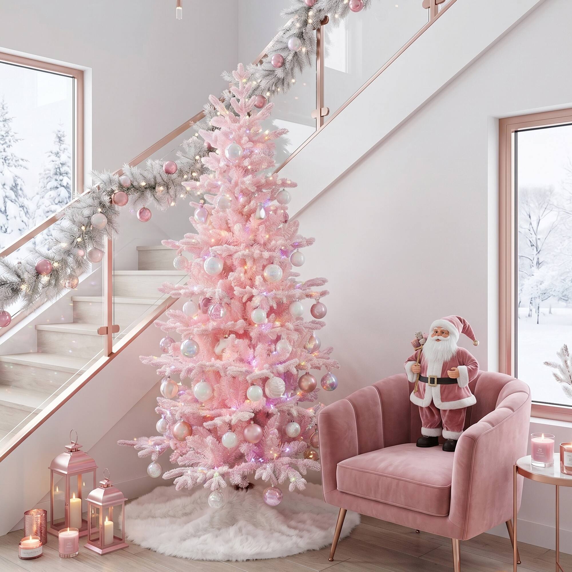 Front. Glitzhome - 6ft Deluxe Pre-Lit Flocked Slim Fir Artificial Christmas Tree with 260 Lights - Pink.