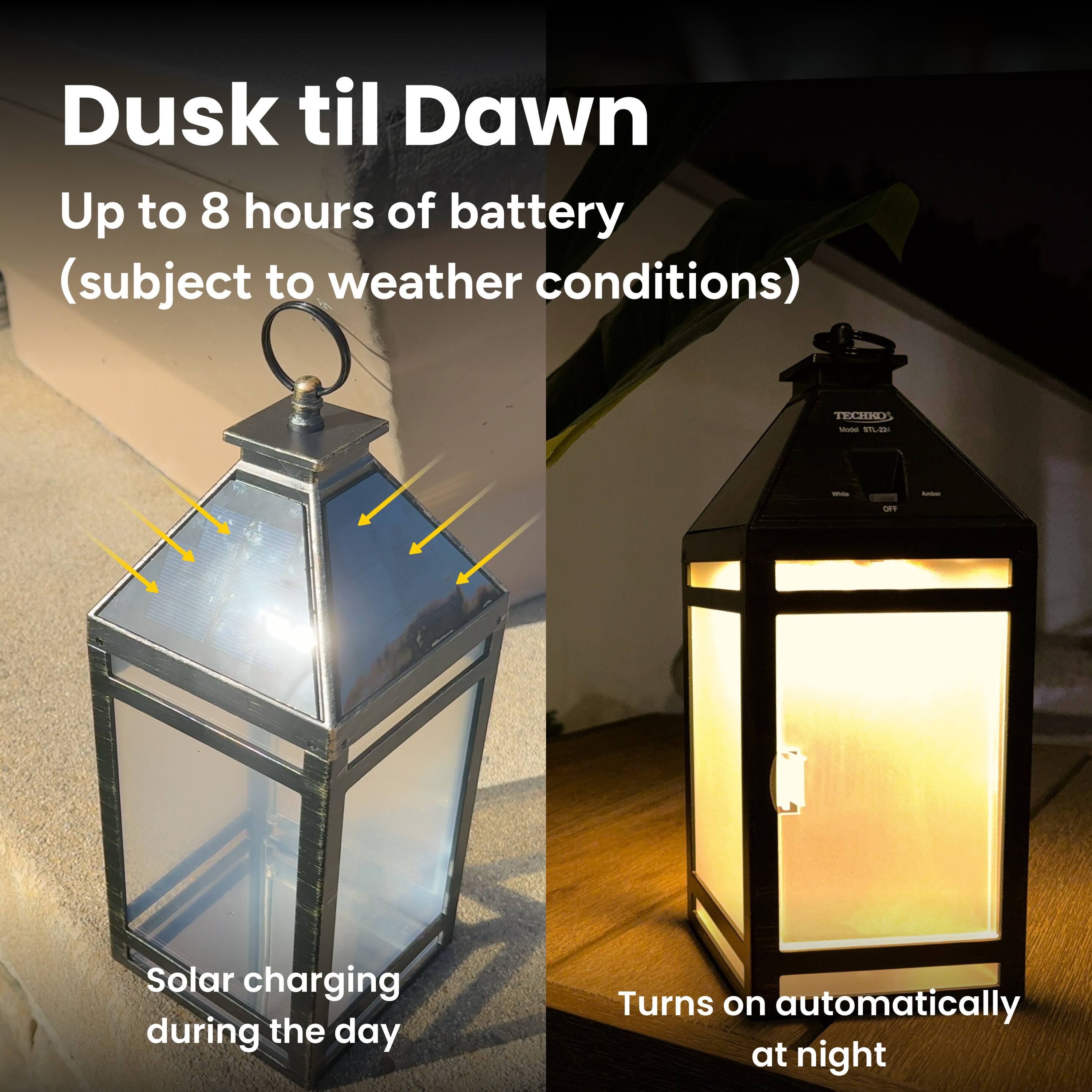 Dusk til Dawn
Up to 8 hours of battery (subject to weather conditions)
TEECO - 5L2
Solar charging during the day
Turns on automatically at night