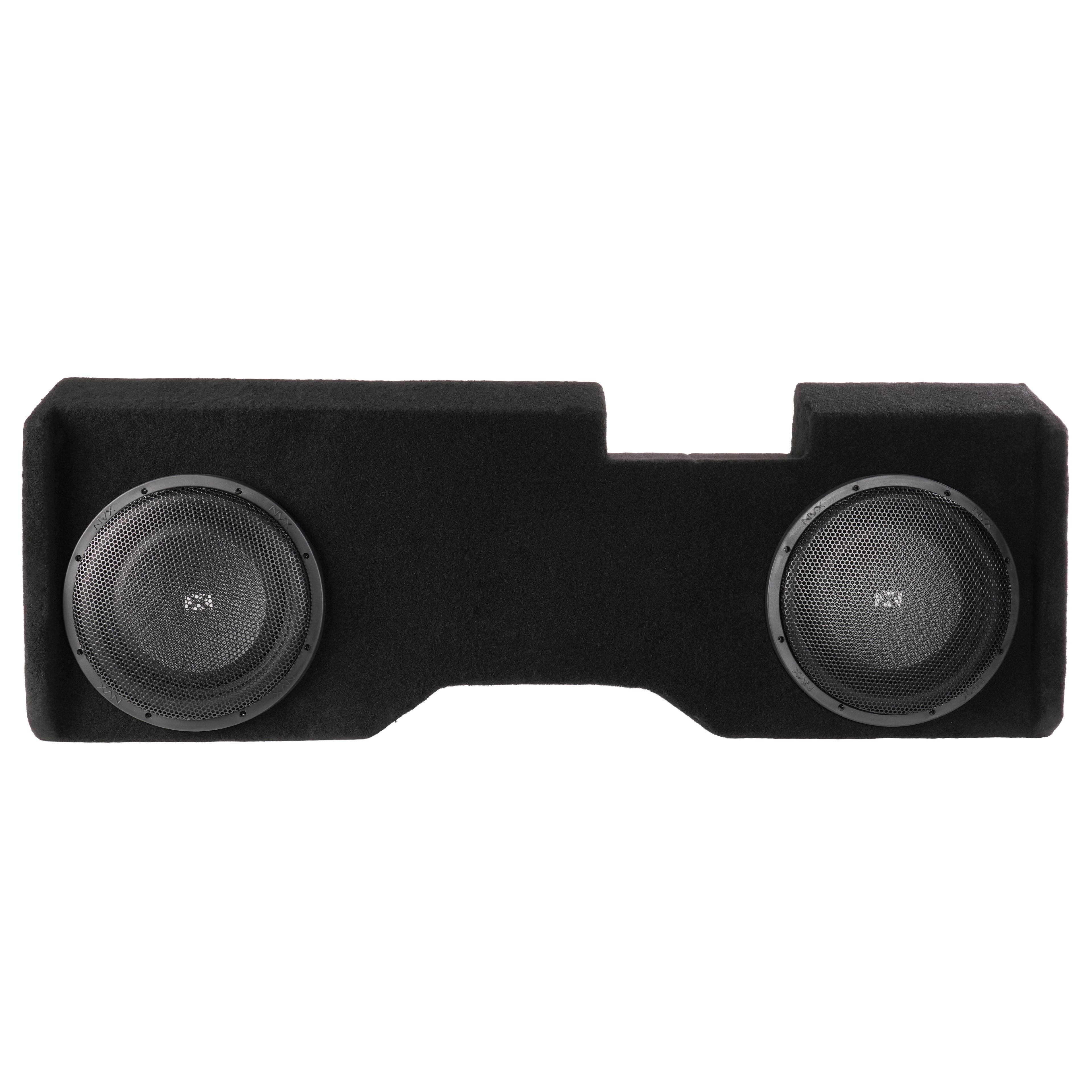 Angle. NVX - 2014-2018 Silverado/Sierra Crew Cab Bass Package - Dual 12" Sealed Subwoofer Enclosure & Amplifier Bundle - Black.