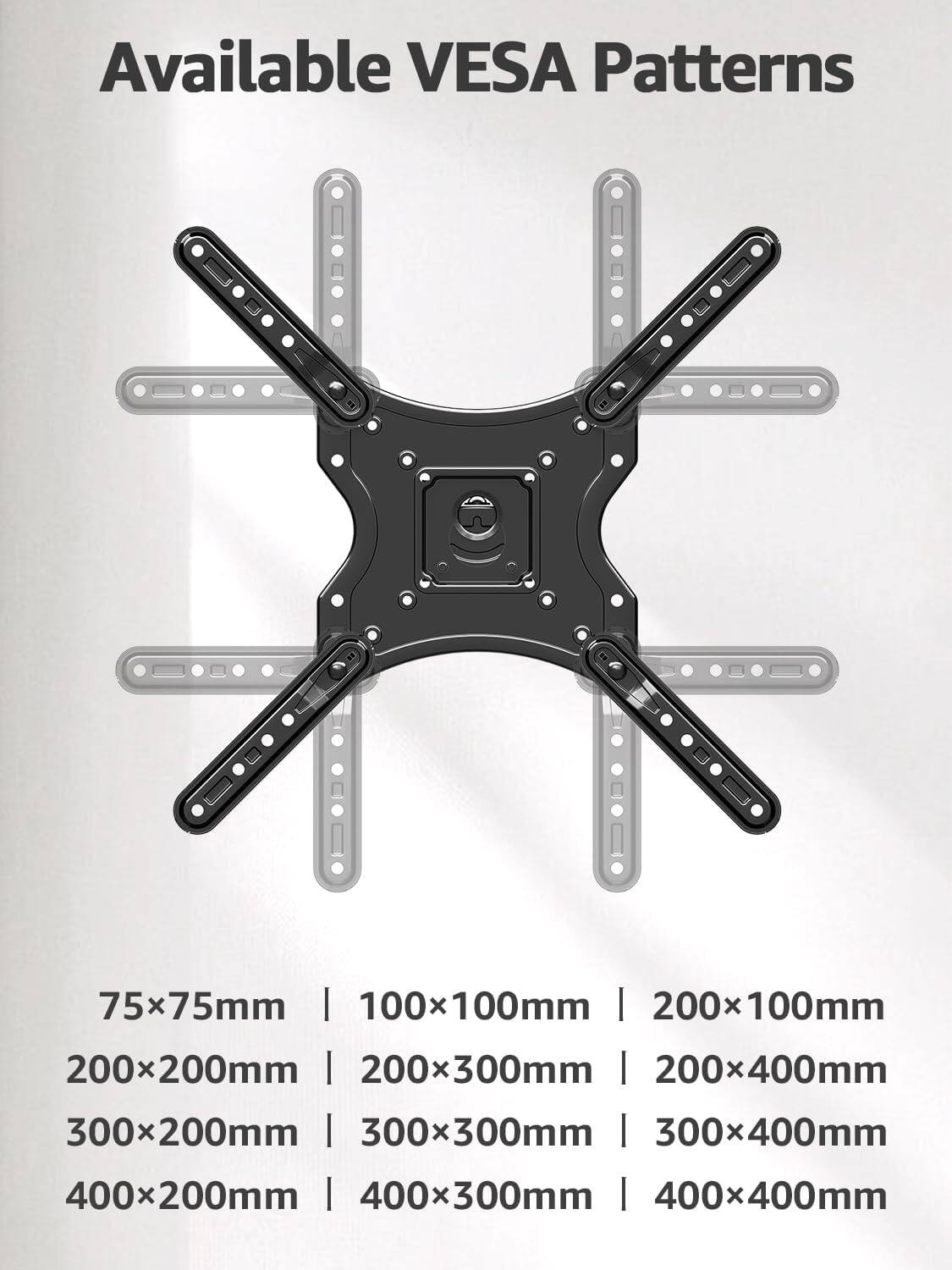 Available VESA Patterns

75x75mm | 100x100mm | 200x100mm | 200x200mm | 200x300mm | 200x400mm | 300x200mm | 300x300mm | 300x400mm | 400x200mm | 400x300mm | 400x400mm