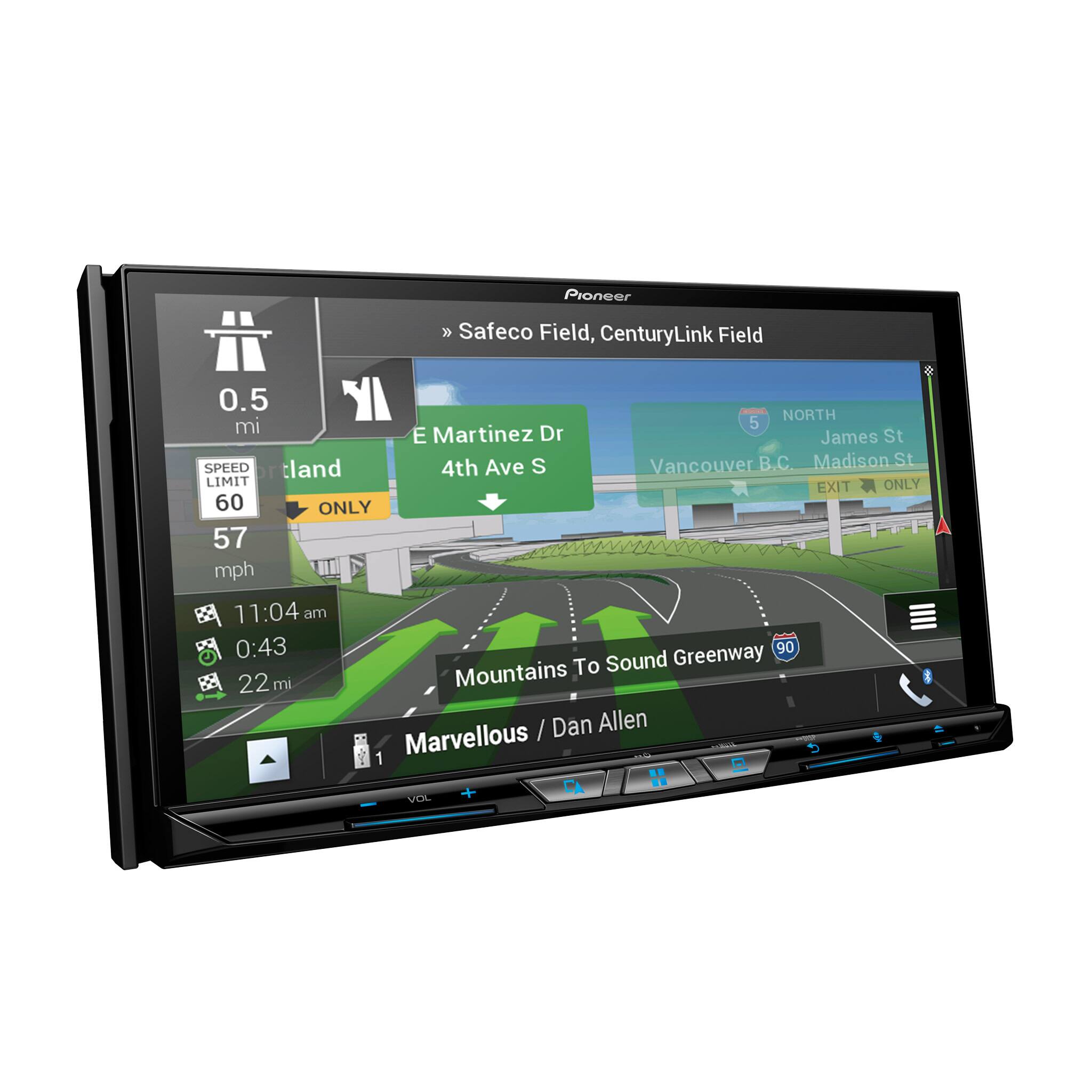 Pioneer  
Safeco Field, CenturyLink Field  
0.5 NORTH mi  
E Martinez Dr  
James St  
Vancouver B.C.  
Madison St  
SPEED LIMIT 60  
57 mph  
11:04 am  
0:43  
22 mi  
Mountains To Sound Greenway  
90  
Marvellous - Dan Allen