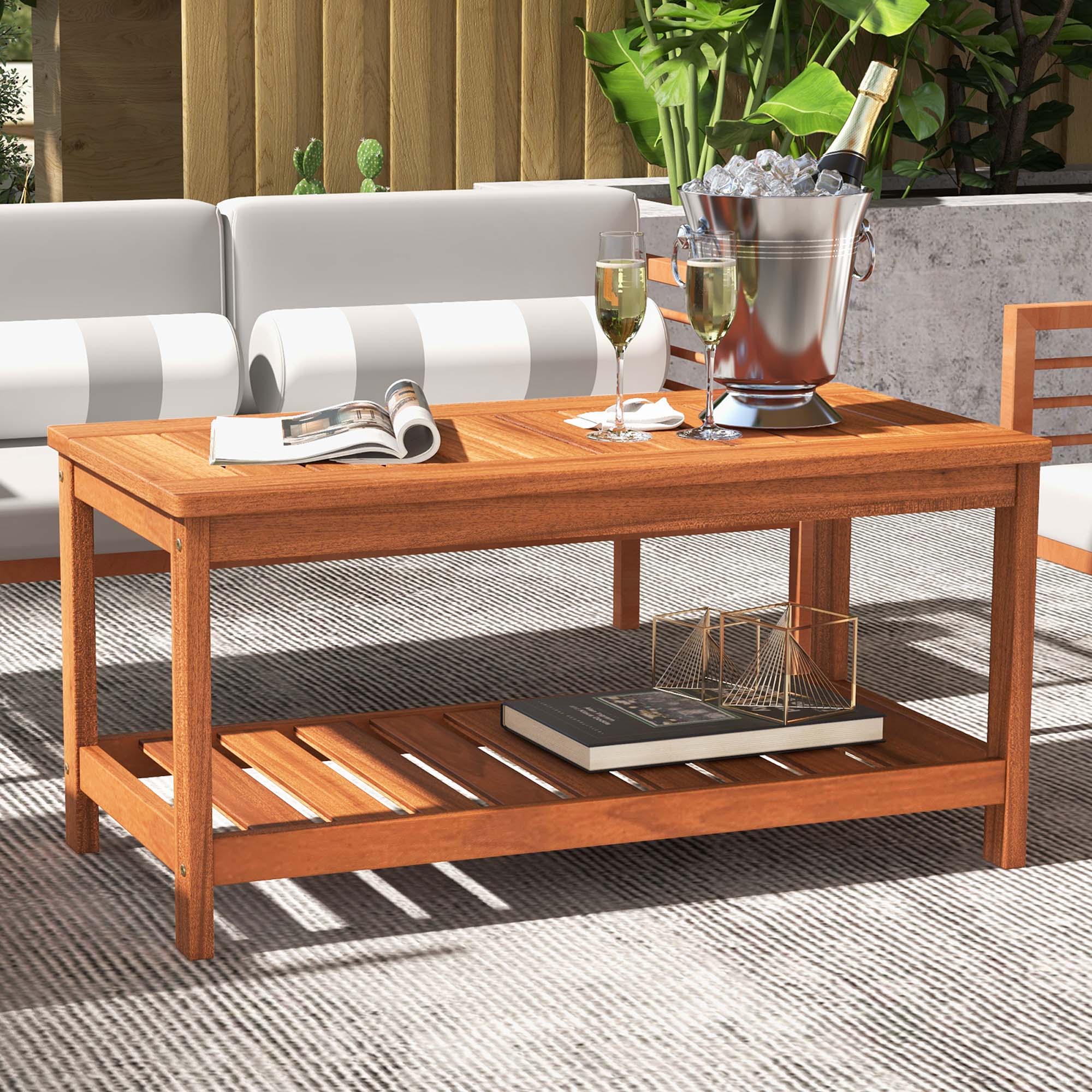 Alt View 2. Costway - Costway Patio Coffee Table 2-Tier Outdoor Side Rectangle Side Table Solid Wood Porch - Natural.