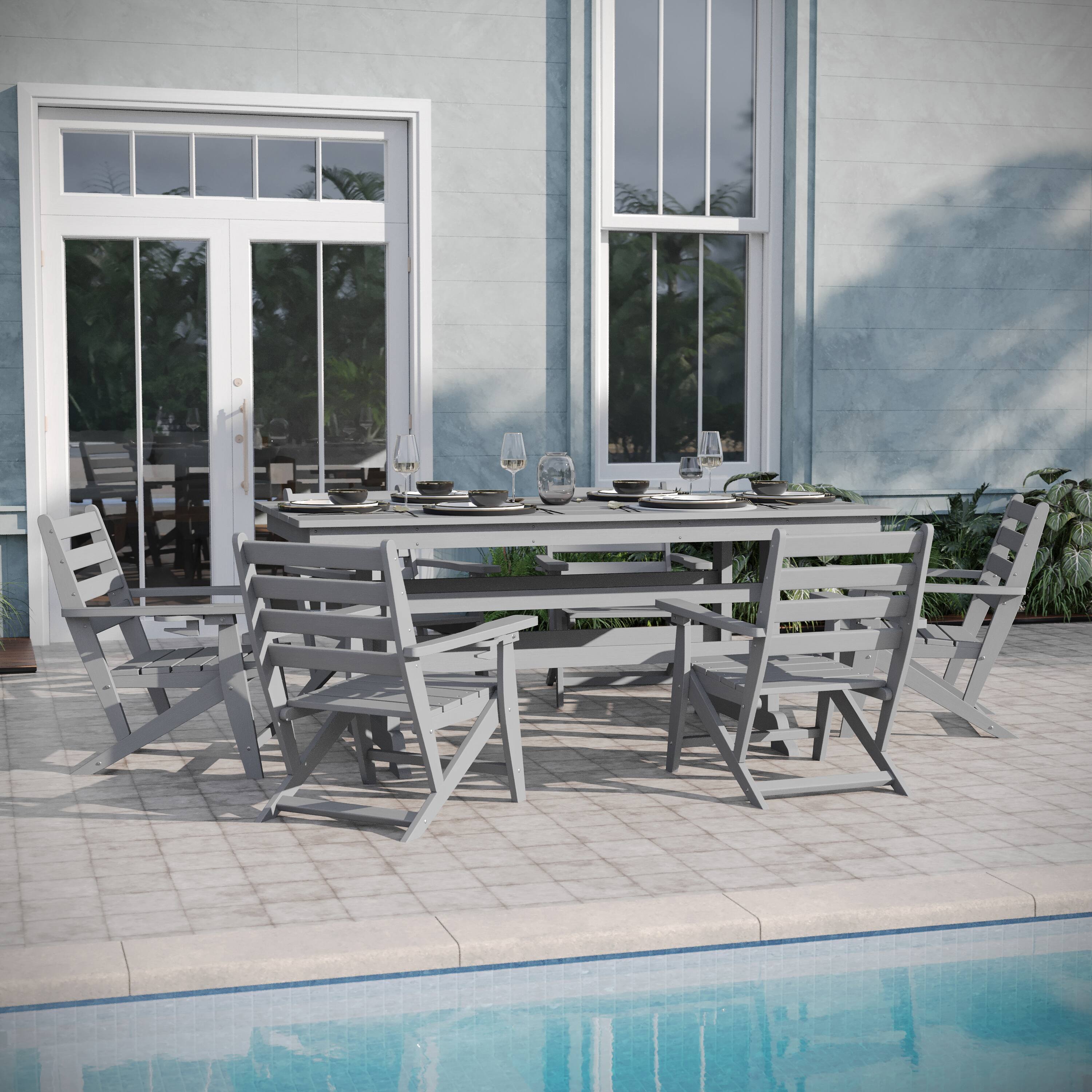 Alt View 1. Emma + Oliver - Arcata 7 PC Adirondack Dining Set with 72" Rectangle Indoor/Outdoor Recycled HDPE Table and 6 Chairs with Cupholders - Gray.