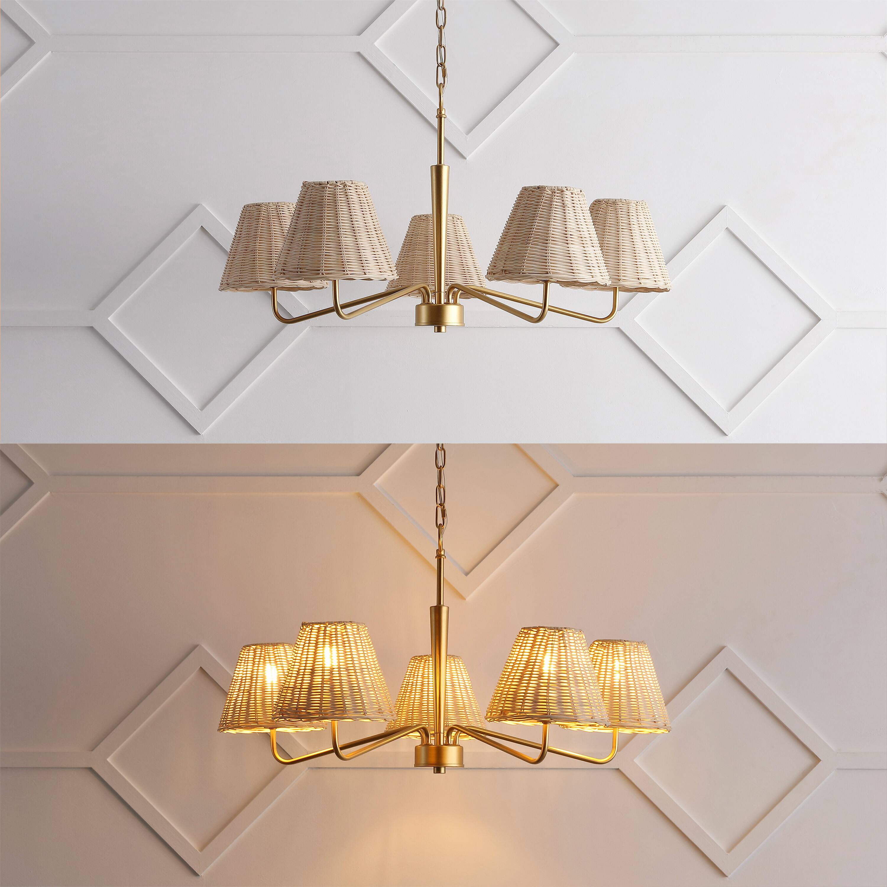 Alt View 4. Jonathan Y - Libby 30" 5-Light Modern Coastal Sleek Woven Rattan/Iron LED Chandelier, Gold Painting/Light Brown - Gold Painting.