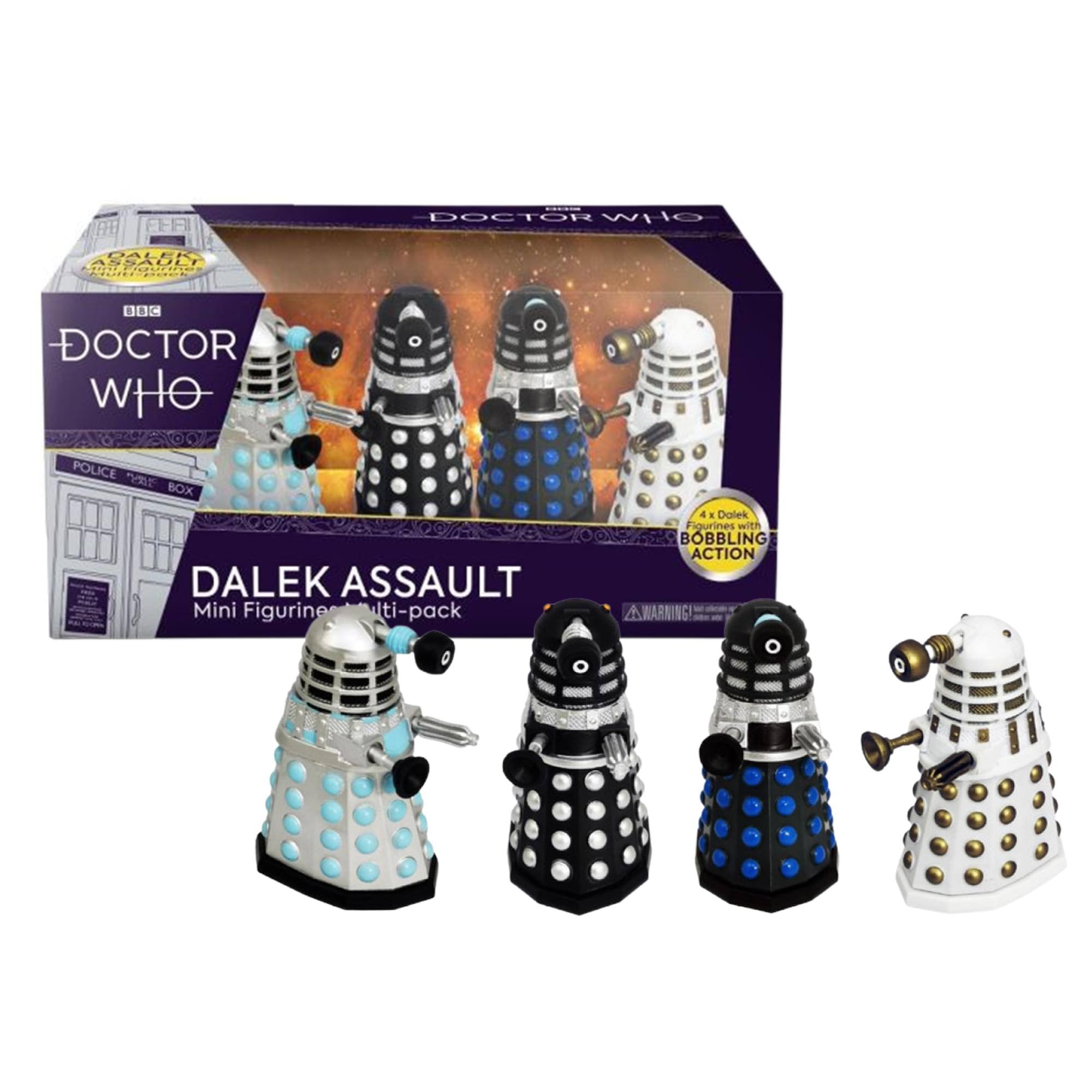 DOCTOR WHO POLICE BOX DALEK ASSAULT Mini Figurine 4-pack. Dalek Figurines with BOBBLE ACTION