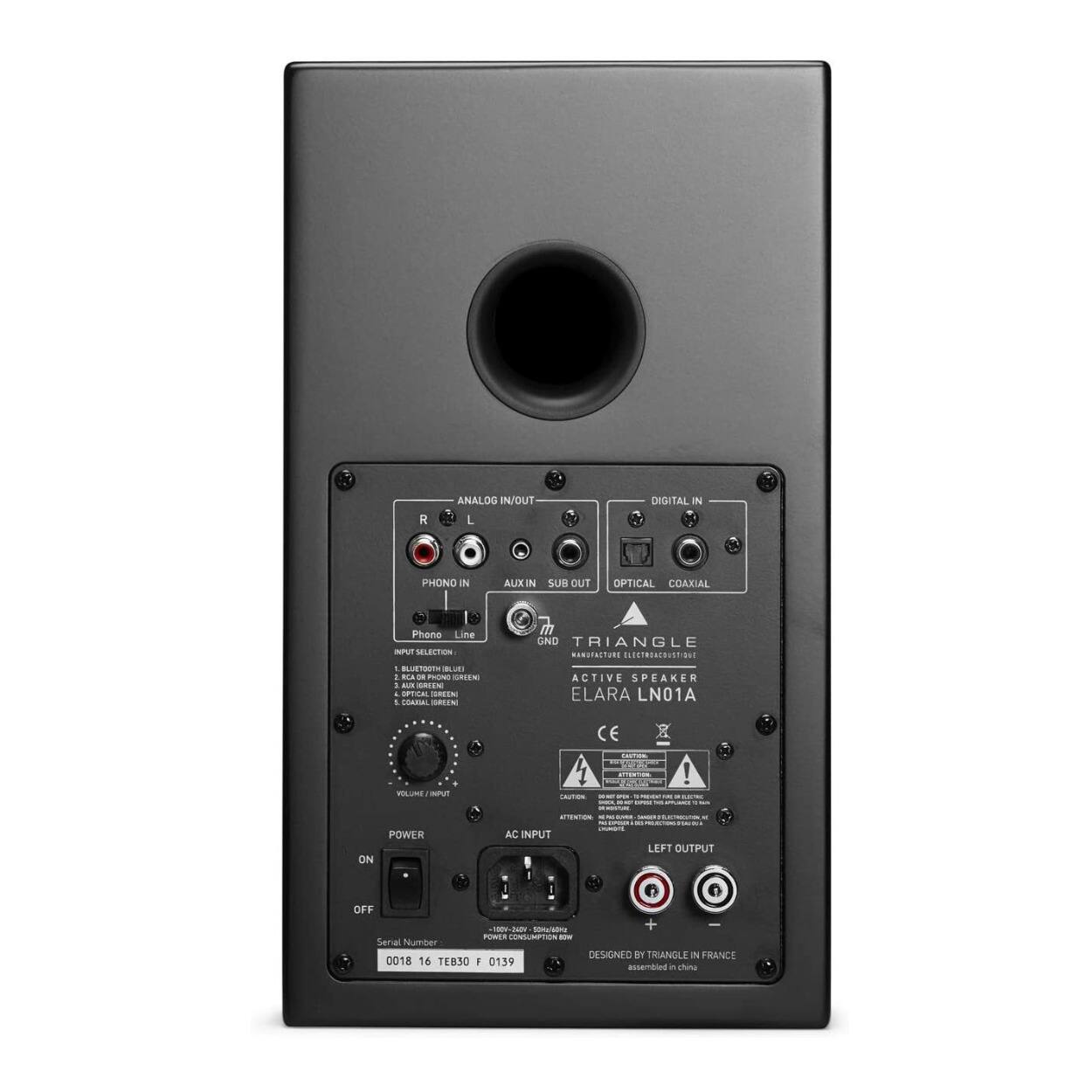 Sure, here is the corrected and grouped text from the image:

---

**ANALOG IN/OUT**

- PHONO IN
  - Phono
  - Line

- AUX IN

**DIGITAL IN**

- SUB OUT
- OPTICAL
- COAXIAL

**INPUT SELECTION**

- 1. BLUETOOTH IR REMOTE
- 2. AUX GREEN
- 3. AUX RED
- 4. COAXIAL GREEN

**VOLUME/INPUT**

**POWER**

- ON
- OFF

**AC INPUT**

**LEFT OUTPUT**

**RIGHT OUTPUT**

**TRIANGLE**

**MANUFACTURE ELECTROBUDS**

**ACTIVE SPEAKER**

**ELARA LN01A**

**DESIGNED BY TRIANGLE IN FRANCE**

**assembled in China**

**Serial Number**

**0018 16 TEB30 0139**

**POWER ON**

**AC INPUT**

**LEFT OUTPUT**

**RIGHT OUTPUT**

**POWER CONSUMPTION**

**Serial Number**

**0018 16 TEB30 0139**

**DESIGNED BY TRIANGLE IN FRANCE**

**assembled in China**

**CE**

**CA