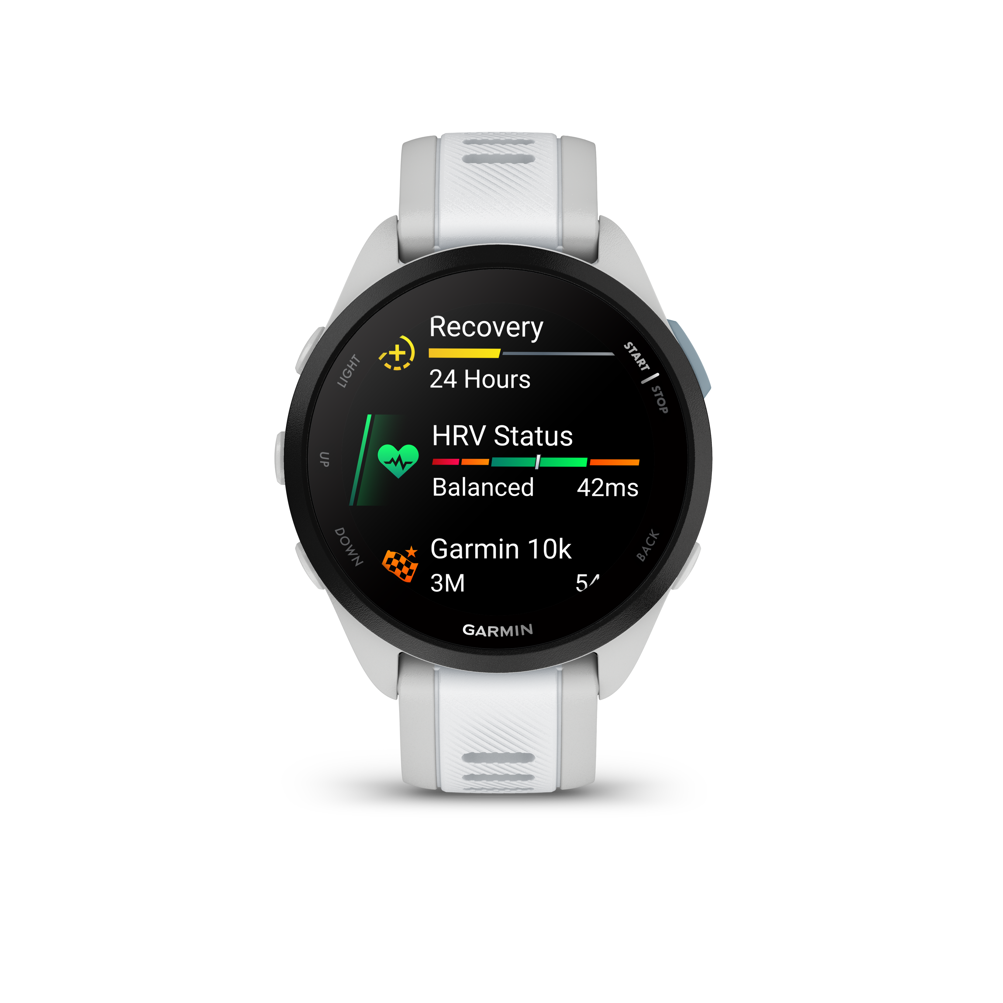 Recovery  
24 Hours  

HRV Status  
Balanced 42ms  

Garmin 10k  
3M 5'  

GARMIN