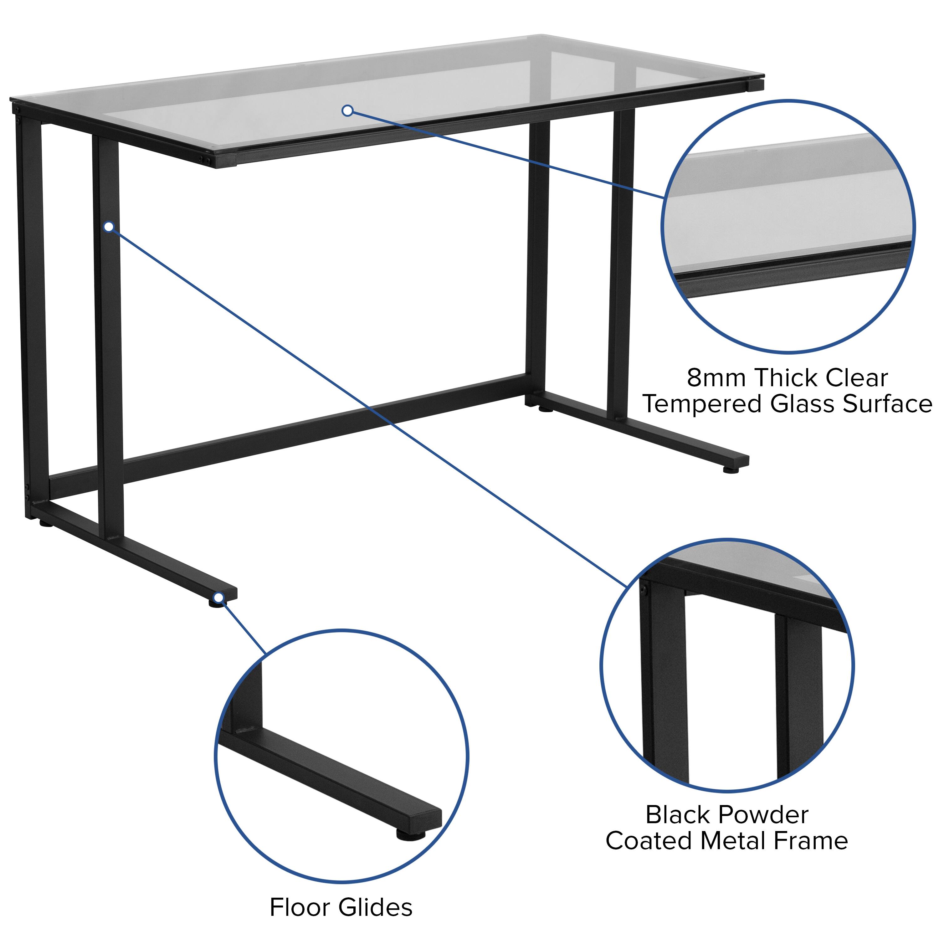 8mm Thick Clear Tempered Glass Surface  
Black Powder Coated Metal Frame  
Floor Glides