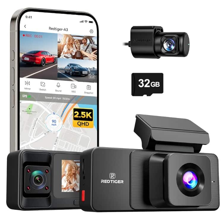REDTIGER - 3 Channel 2.5K Dash Camera WiFi GPS - Black