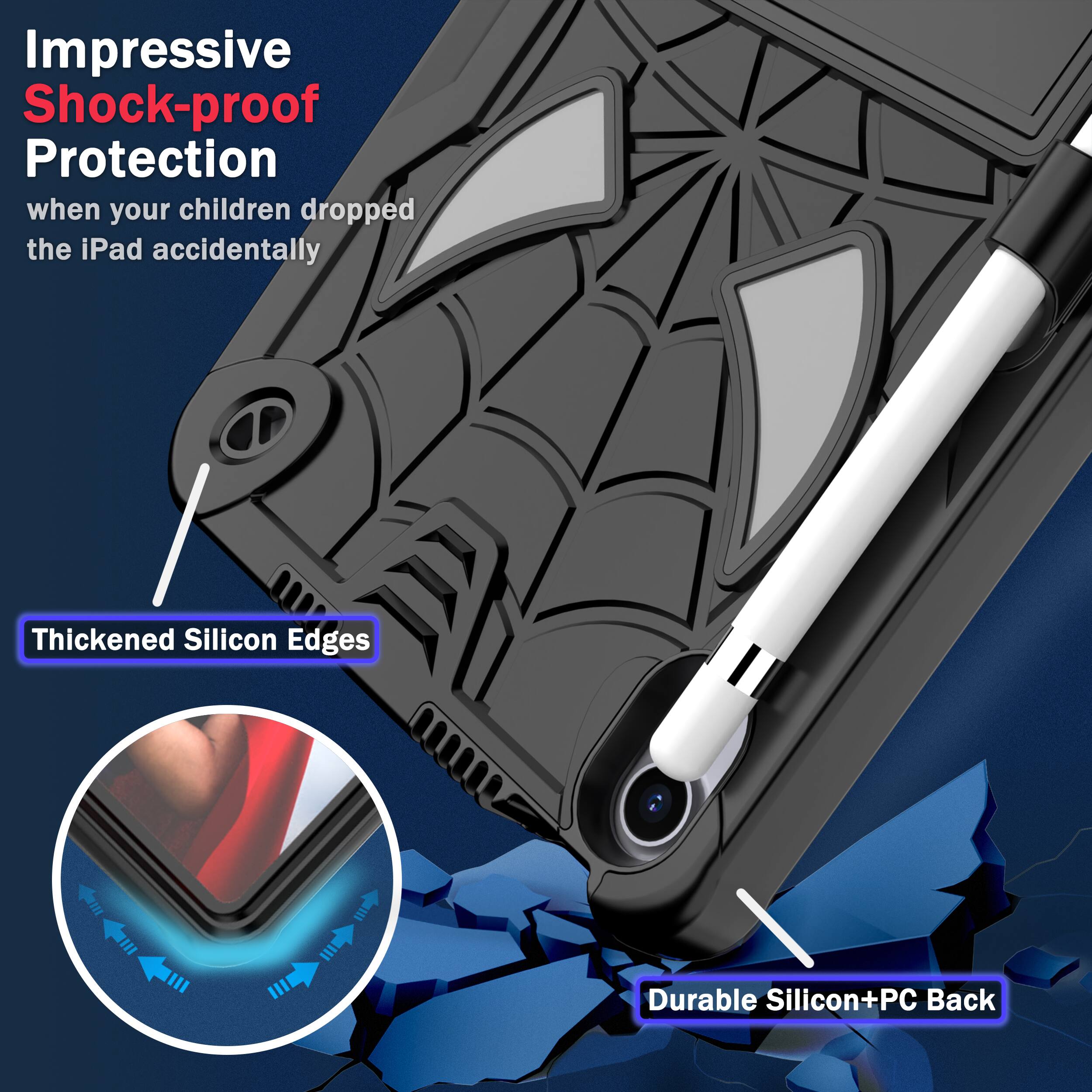 Impressive Shock-proof Protection when your children dropped the iPad accidentally

Thickened Silicon Edges

Durable Silicon+PC Back