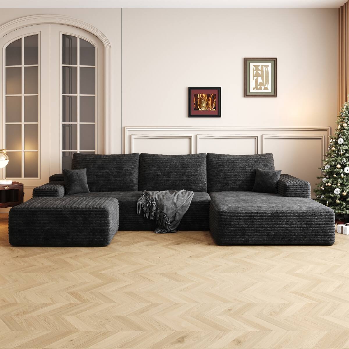 Angle. Ropilly - Ropilly U Shaped Sectional Sofa with Ottoman, Black Plush Corduroy, Deep Seat Corner Couch, No Assembly - Black.