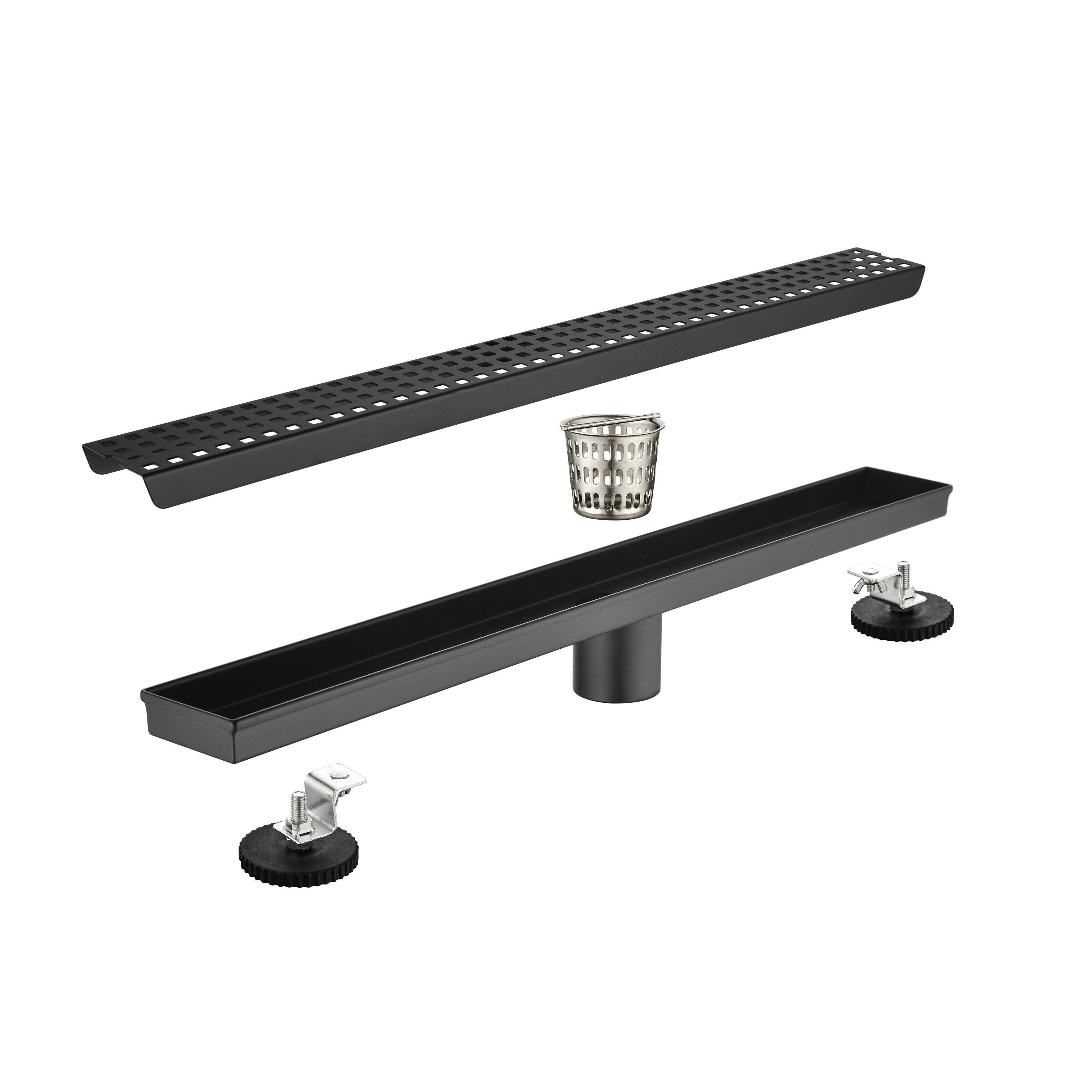 Front. TinyHomie - 24" Linear Shower Drain, Quadrato Grate, SUS304 Stainless Steel, Hair Strainer - Yellow Brown.