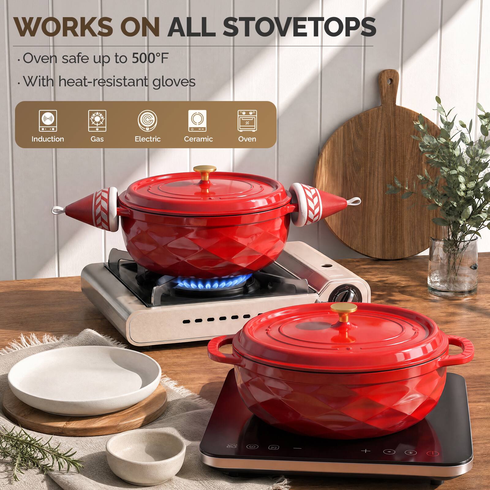 WORKS ON ALL STOVETOPS

- Oven safe up to 500°F
- With heat-resistant gloves

Induction
Gas
Electric
Ceramic
Oven