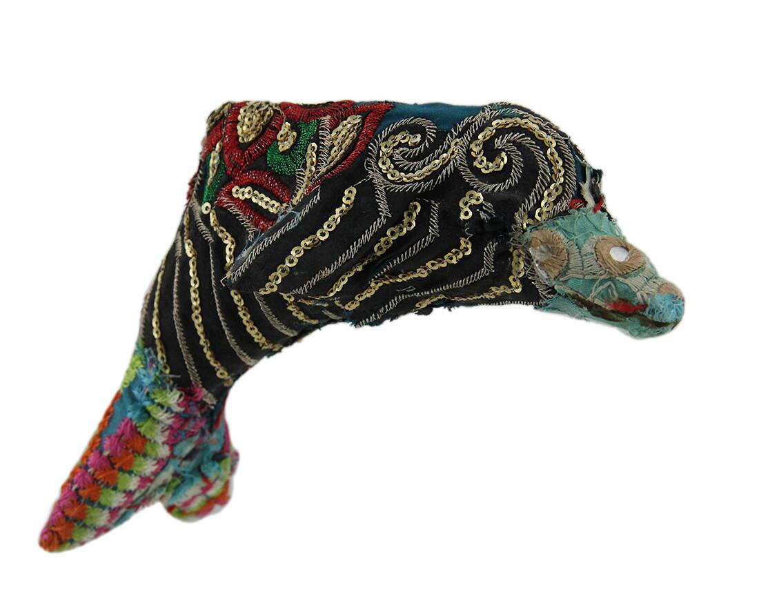 Front. Zeckos - Colorful Vintage Indian Sari Fabricated Fabric Wrapped Dolphin Sculpture - Blue.