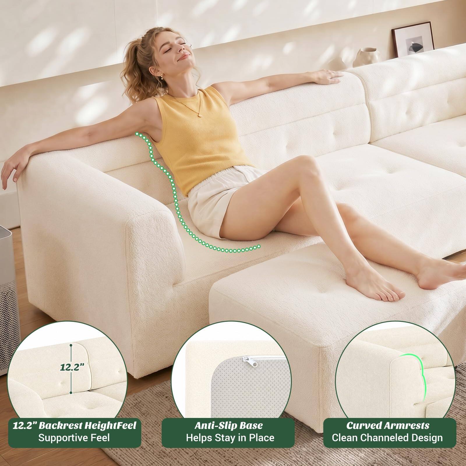 12.2" Backrest Height Feel Supportive Feel  
Anti-Slip Base Helps Stay in Place  
Curved Armrests Clean Channeled Design