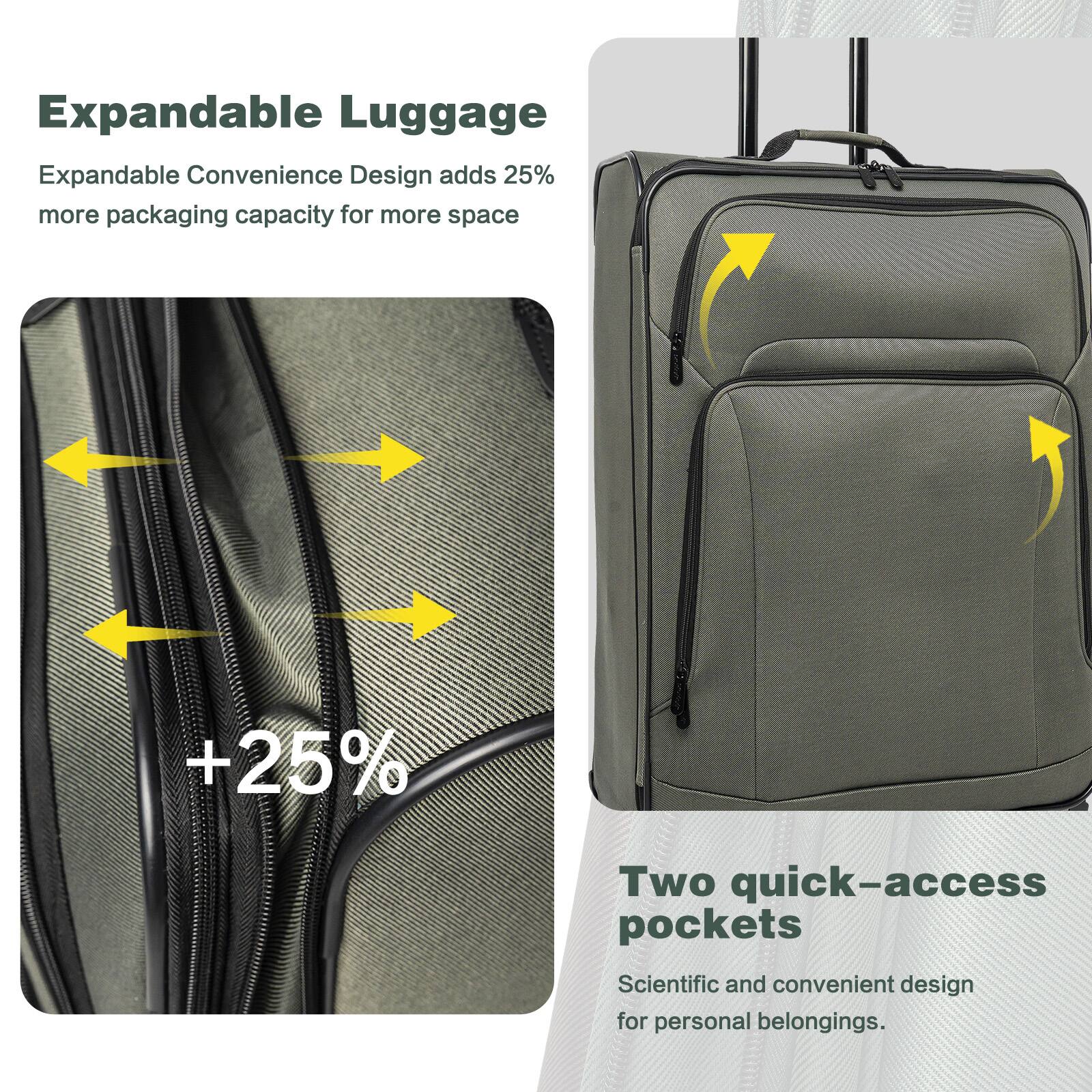 Expandable Luggage

Expandable Convenience Design adds 25% more packaging capacity for more space

+25%

Two quick-access pockets

Scientific and convenient design for personal belongings.