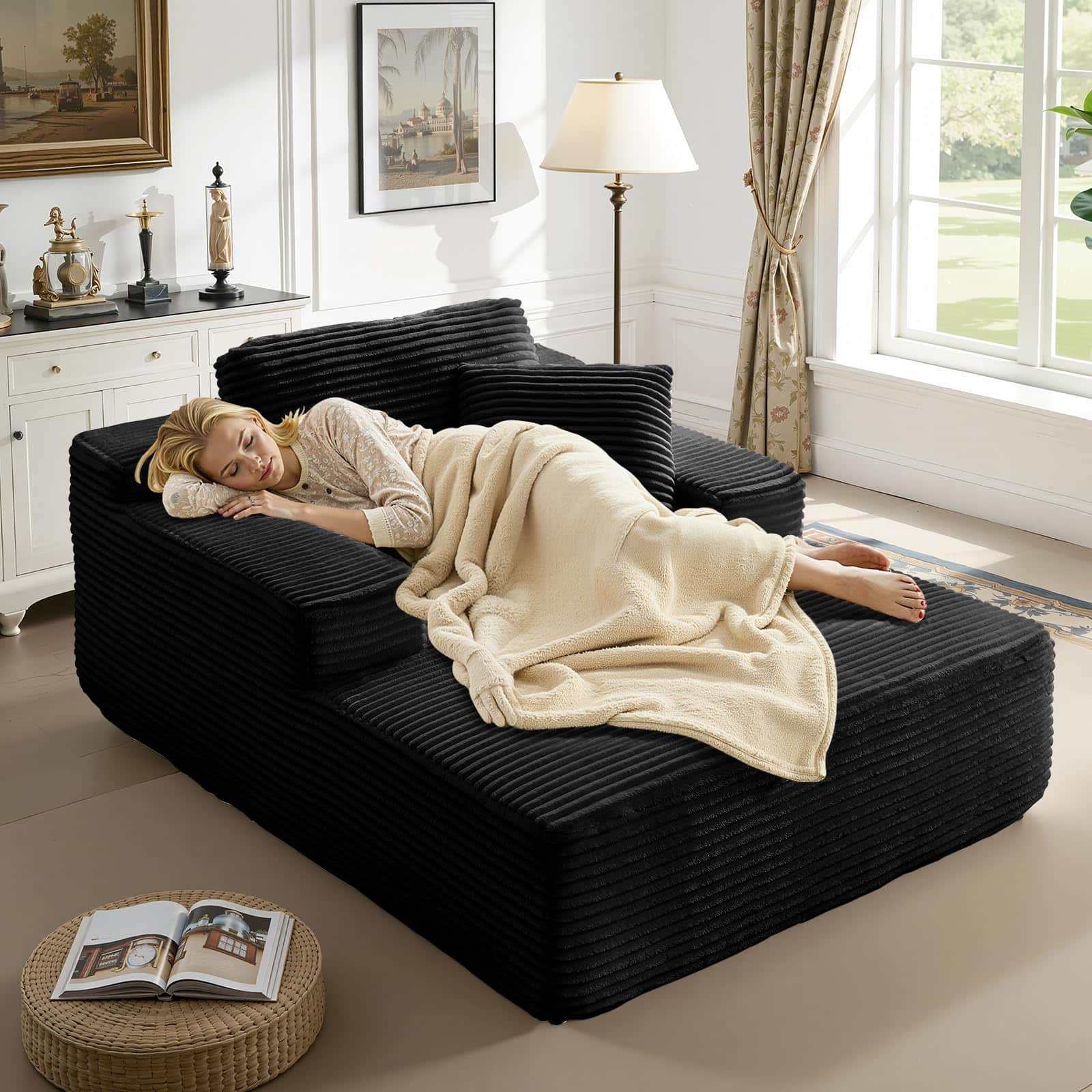 Front. Meqiodas - 67.5”Oversized Indoor Chaise Lounge, Sofa Bed, Living Room Sofa, Corduroy Upholstered Boneless Cloud Sofa, No Assembly - Black.