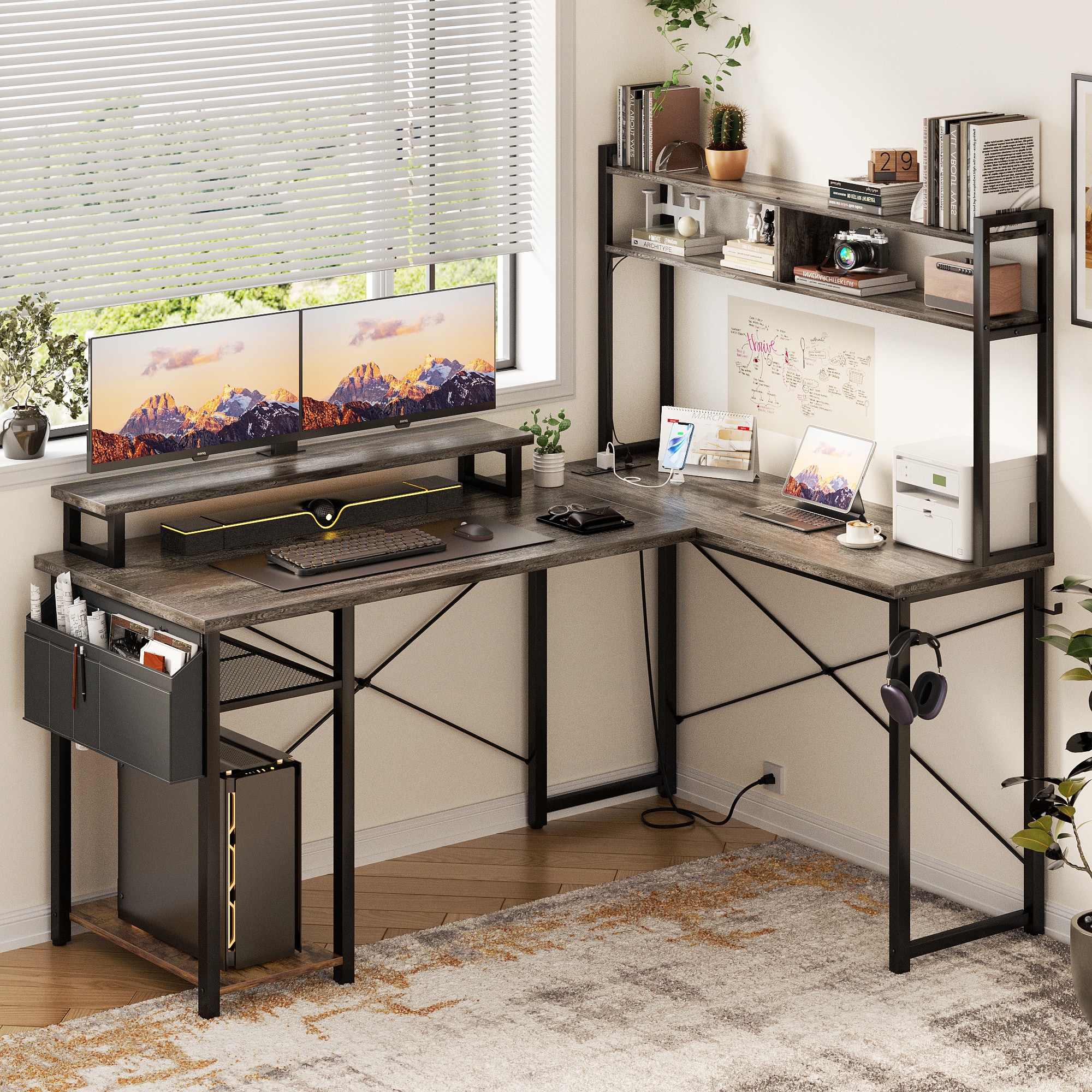 Aheaplus - Small Reversible L-Shaped Gaming Desk: LED Lights, Power Outlets, Monitor Stand & Storage for Home Office Corner - Gray Oak