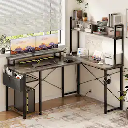 Aheaplus - Small Reversible L-Shaped Gaming Desk: LED Lights, Power Outlets, Monitor Stand & Storage for Home Office Corner - Gray Oak
