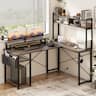 Aheaplus - Small Reversible L-Shaped Gaming Desk: LED Lights, Power Outlets, Monitor Stand & Storage for Home Office Corner - Gray Oak