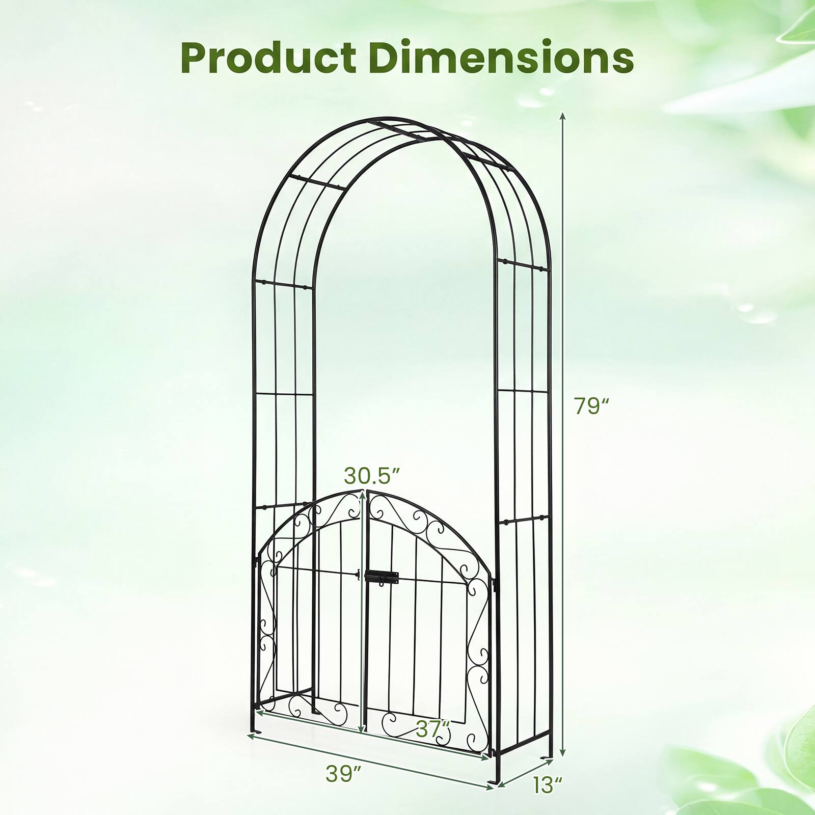 Gymax Garden Arch w/ Gate 79'' Heavy Duty Metal Arbor Trellis w/ Safety ...