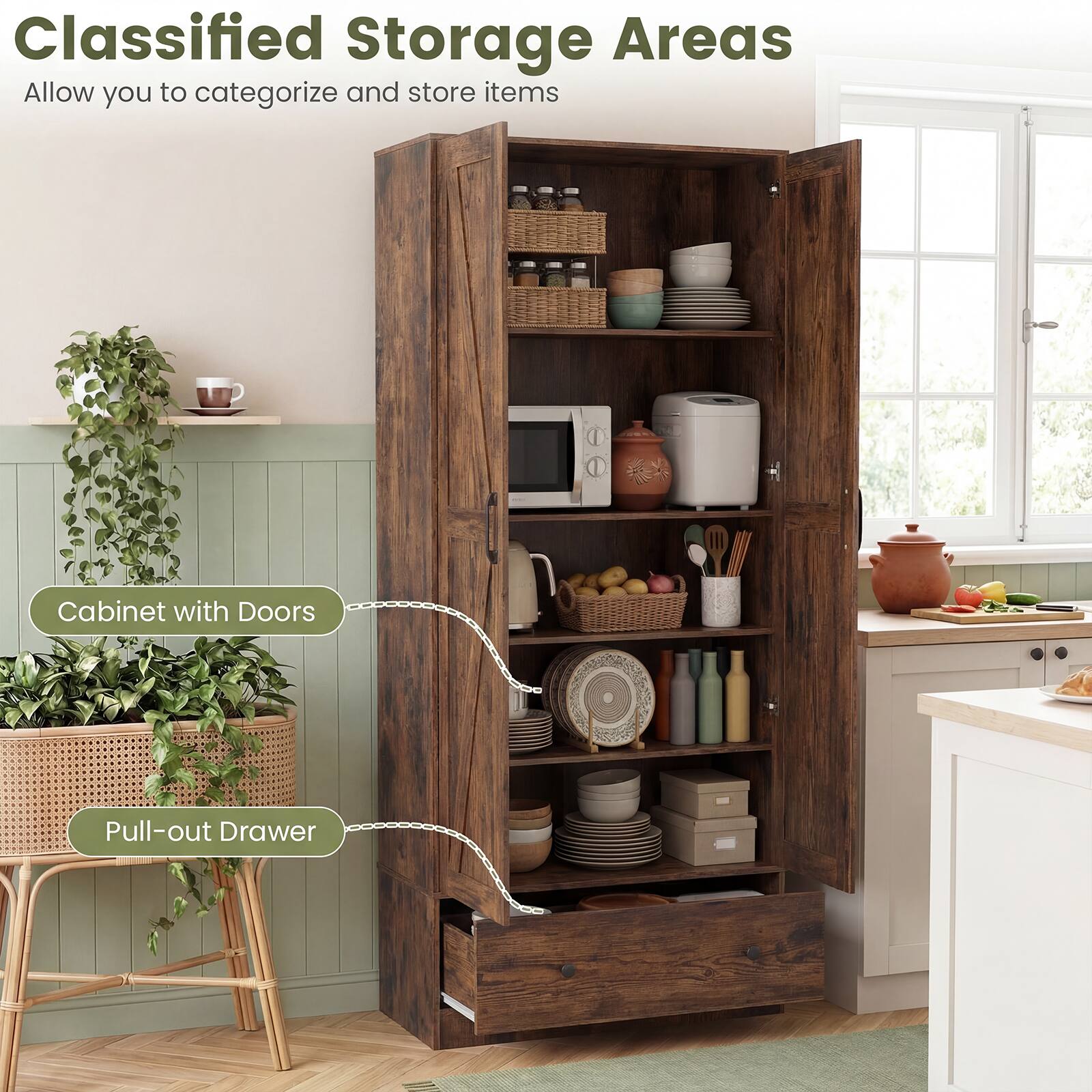 Classified Storage Areas  
Allow you to categorize and store items

Cabinet with Doors  
Pull-out Drawer