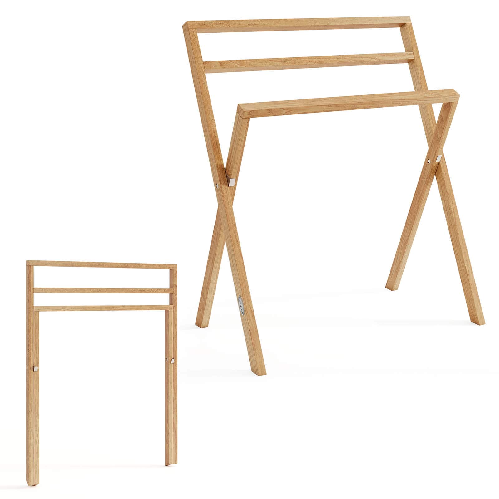 Costway - Freestanding Towel Rack Foldable Teak Wood Blanket Holder with 3 Hanging Crossbars - Beige