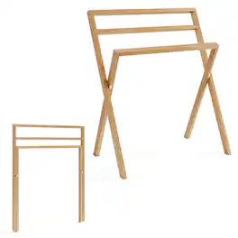 Costway - Freestanding Towel Rack Foldable Teak Wood Blanket Holder with 3 Hanging Crossbars - Beige