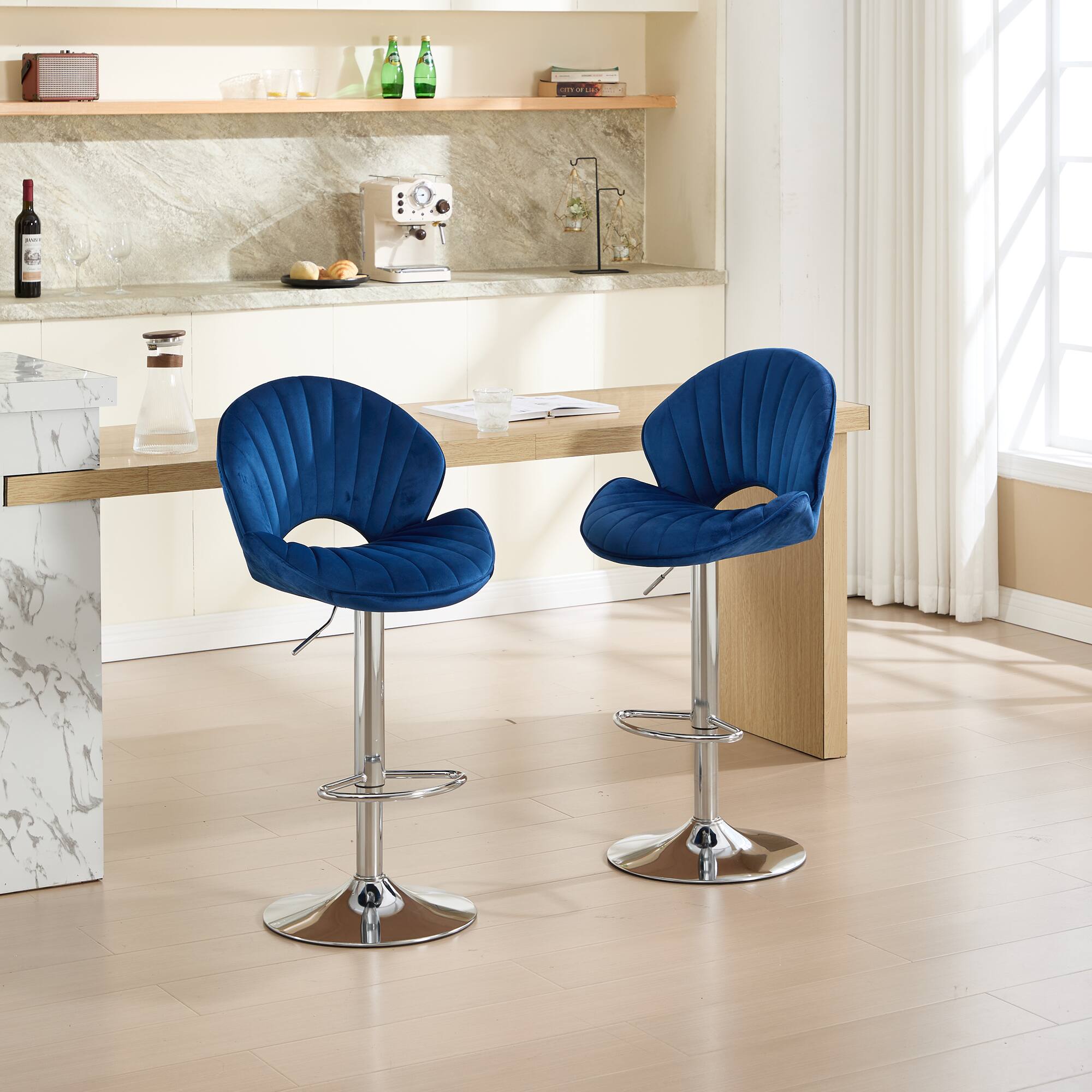Angle. Trinkets Crazed - Bar Stools Set of 2 - Adjustable Barstools with Back and Footrest, Counter Height Bar Chairs for Kitchen - Navy.