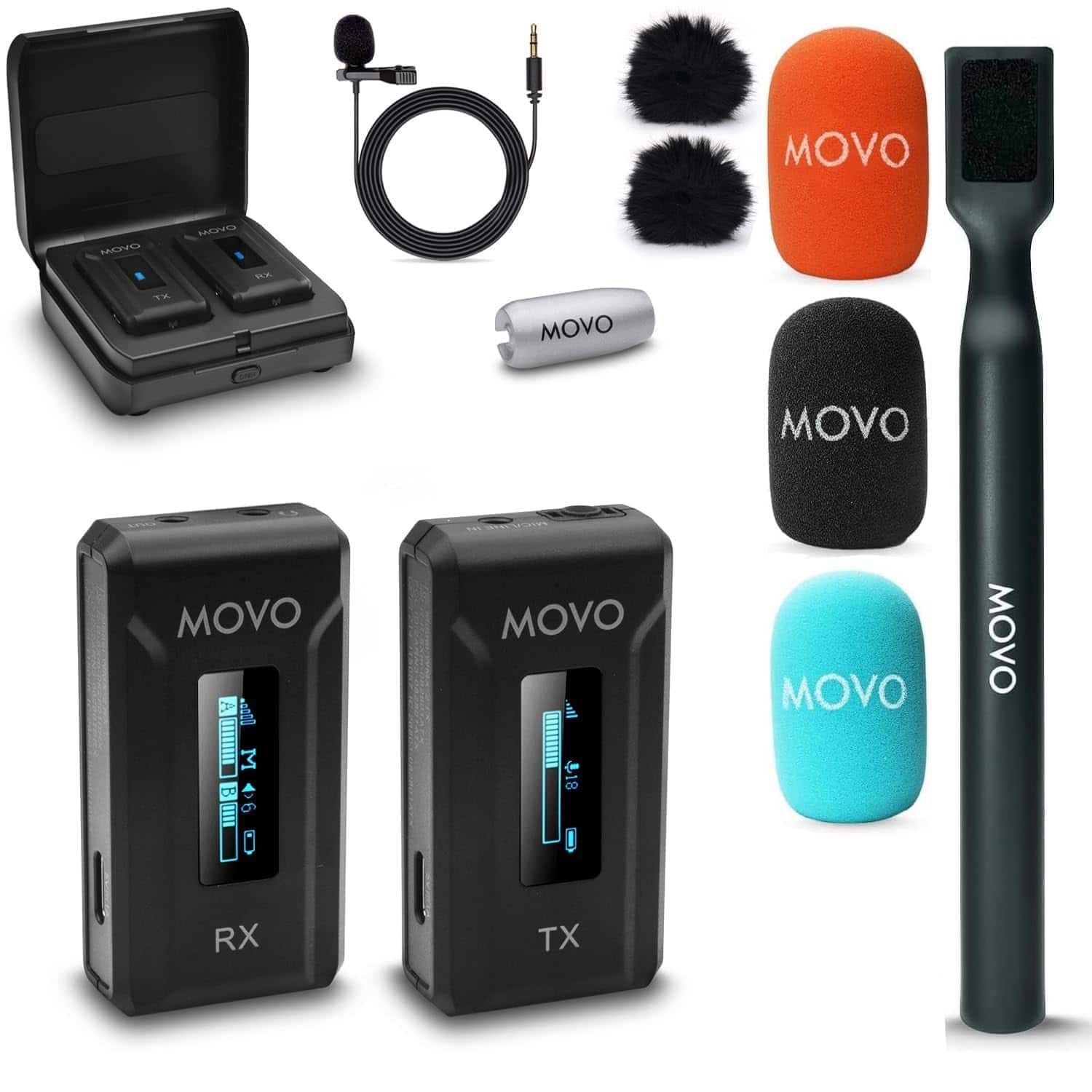 MOVO - WMX-2 Wireless Lavalier Microphone System with Charging Case and Interview Mic Handle for Cameras