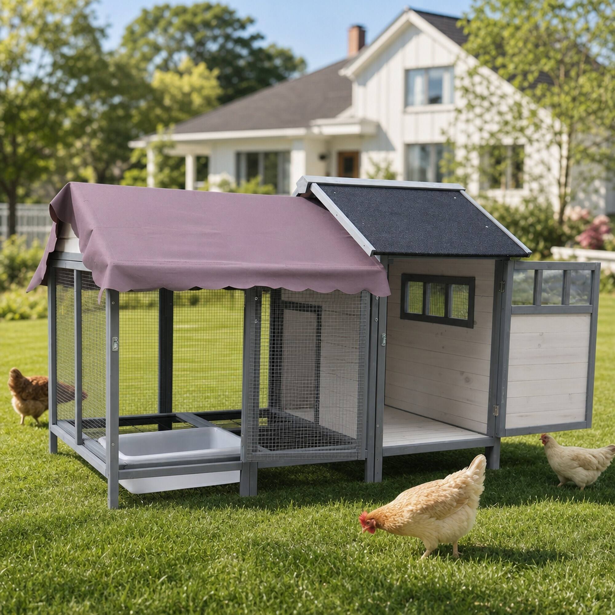 Left. RYHNUYNE - Wooden Outdoor Chicken Coop, 67.3 in Long, Holds 6 to 8 Birds, Waterproof Felt Roof, Movable Run.