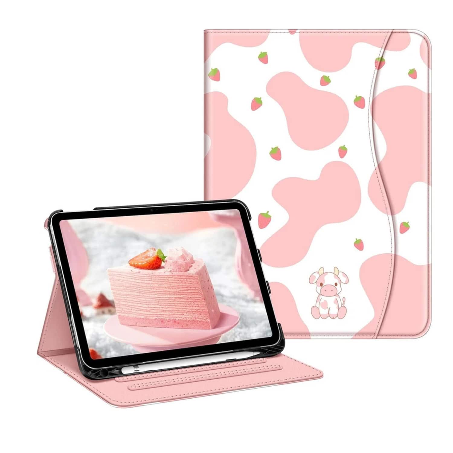 Stock Preferred - Multi-Angle PU Leather Stand Case with Pencil Holder for iPad 11th/10th Gen. - Strawberry Cow