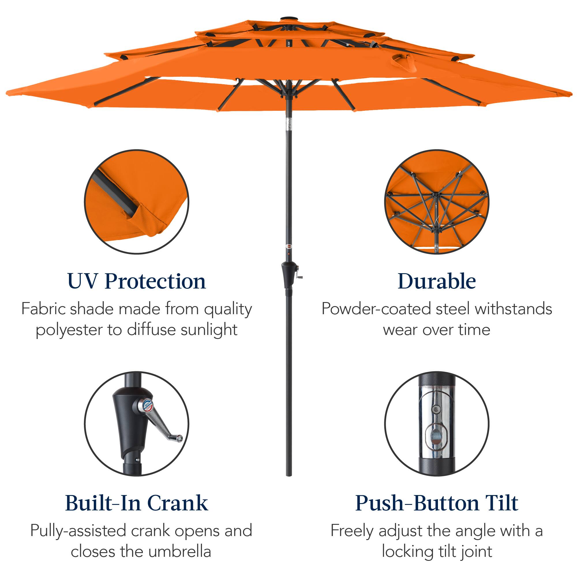 UV Protection Fabric shade made from quality polyester to diffuse sunlight. Durable Powder-coated steel withstands wear over time. Built-In Crank: Pulley-assisted crank opens and closes the umbrella. Push-Button Tilt: Freely adjust the angle with a locking tilt joint.