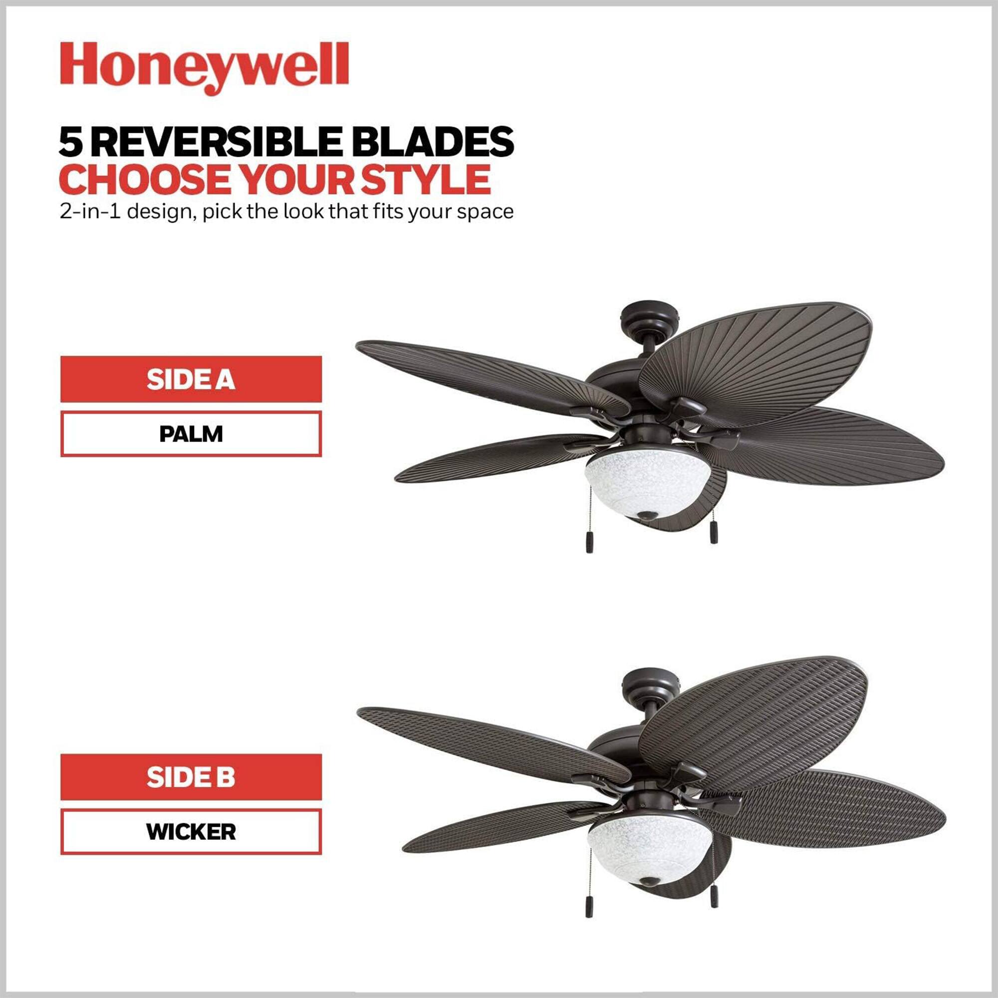 Honeywell  
5 REVERSIBLE BLADES  
CHOOSE YOUR STYLE  
2-in-1 design, pick the look that fits your space  

SIDE A  
PALM  

SIDE B  
WICKER