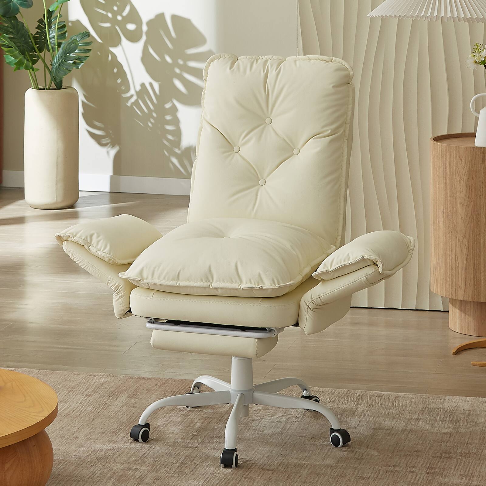 Alt View 1. Bestier - Cross Legged Executive Office Chair, Velvet Ergonomic Desk Chair with Flip-Up Arms, Retractable Footrest & Side Pockets - Milk White PU Leather.