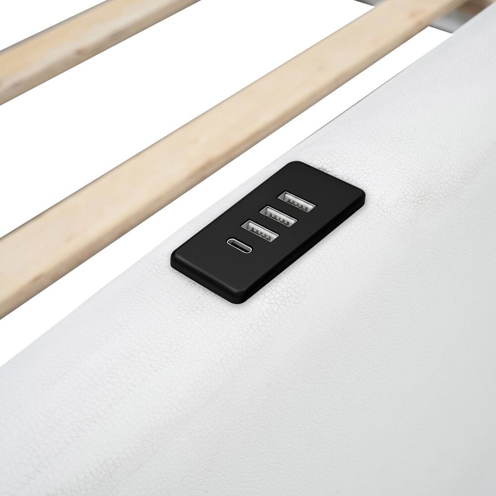 Alt View 10. Loheer - Loheer Twin Upholstered Platform Bed White Twin Bed with Guardrail and Charging Station - White.
