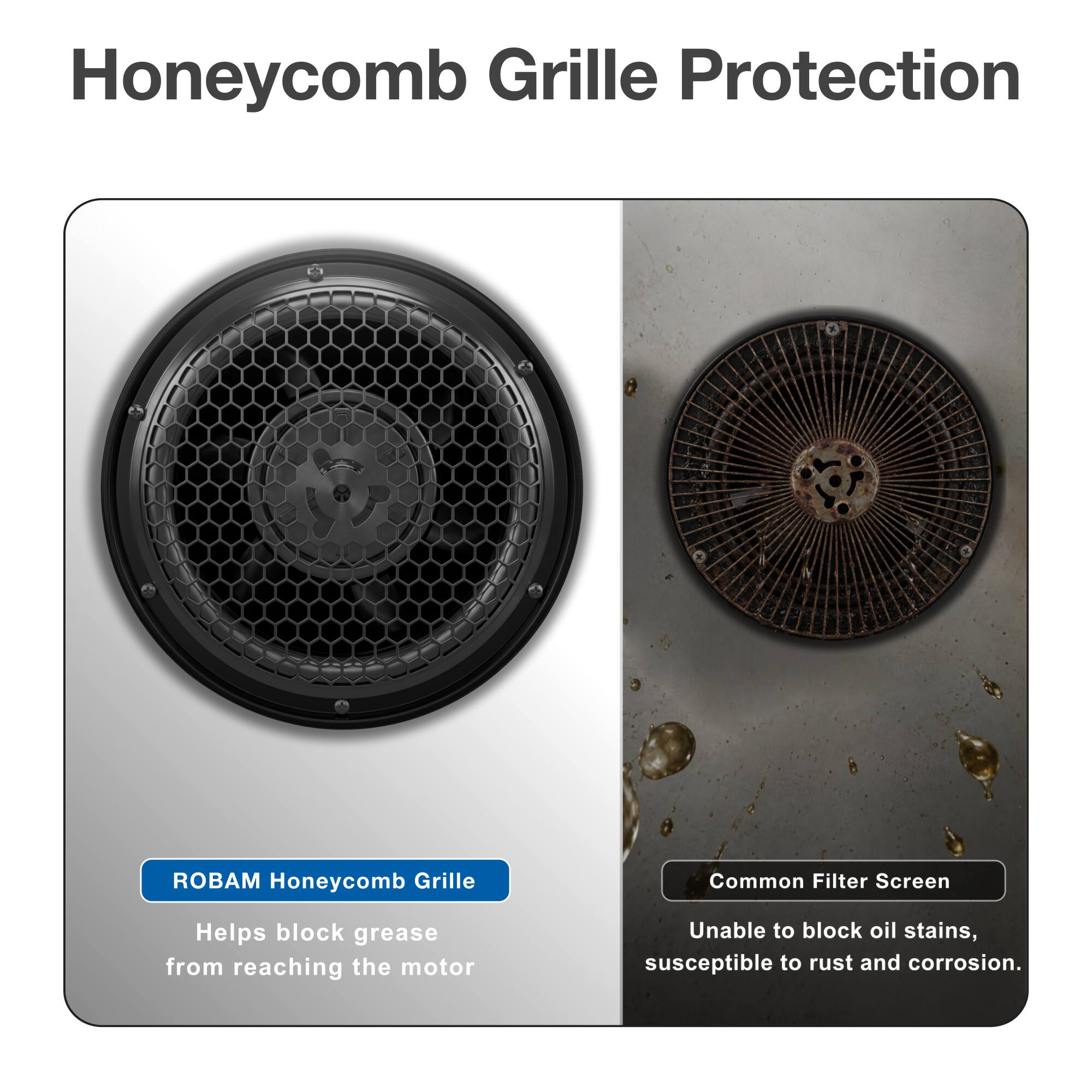 Honeycomb Grille Protection

ROBAM Honeycomb Grille
Helps block grease from reaching the motor

Common Filter Screen
Unable to block oil stains, susceptible to rust and corrosion.