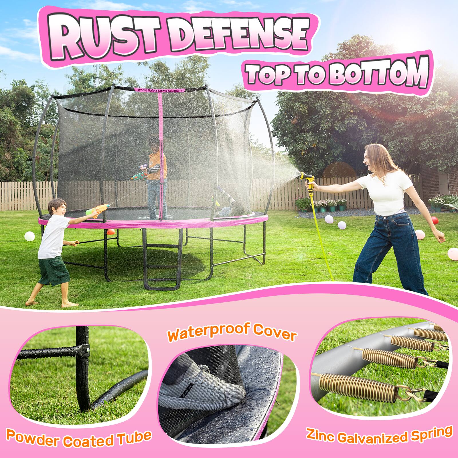 RUST DEFENSE - TOP TO BOTTOM

- Waterproof Cover
- Powder Coated Tube
- Zinc Galvanized Spring