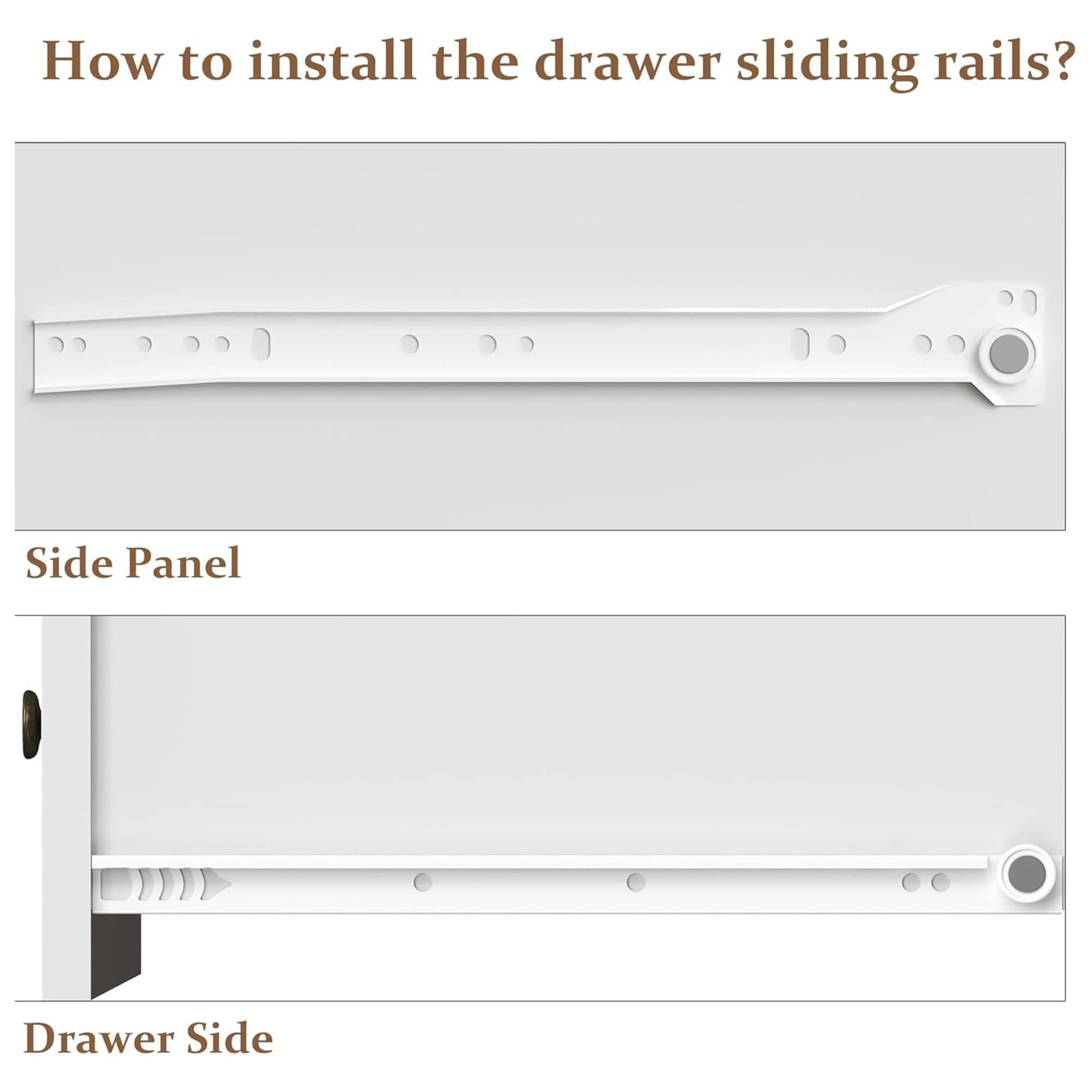 How to install the drawer sliding rails?

Side Panel

Drawer Side